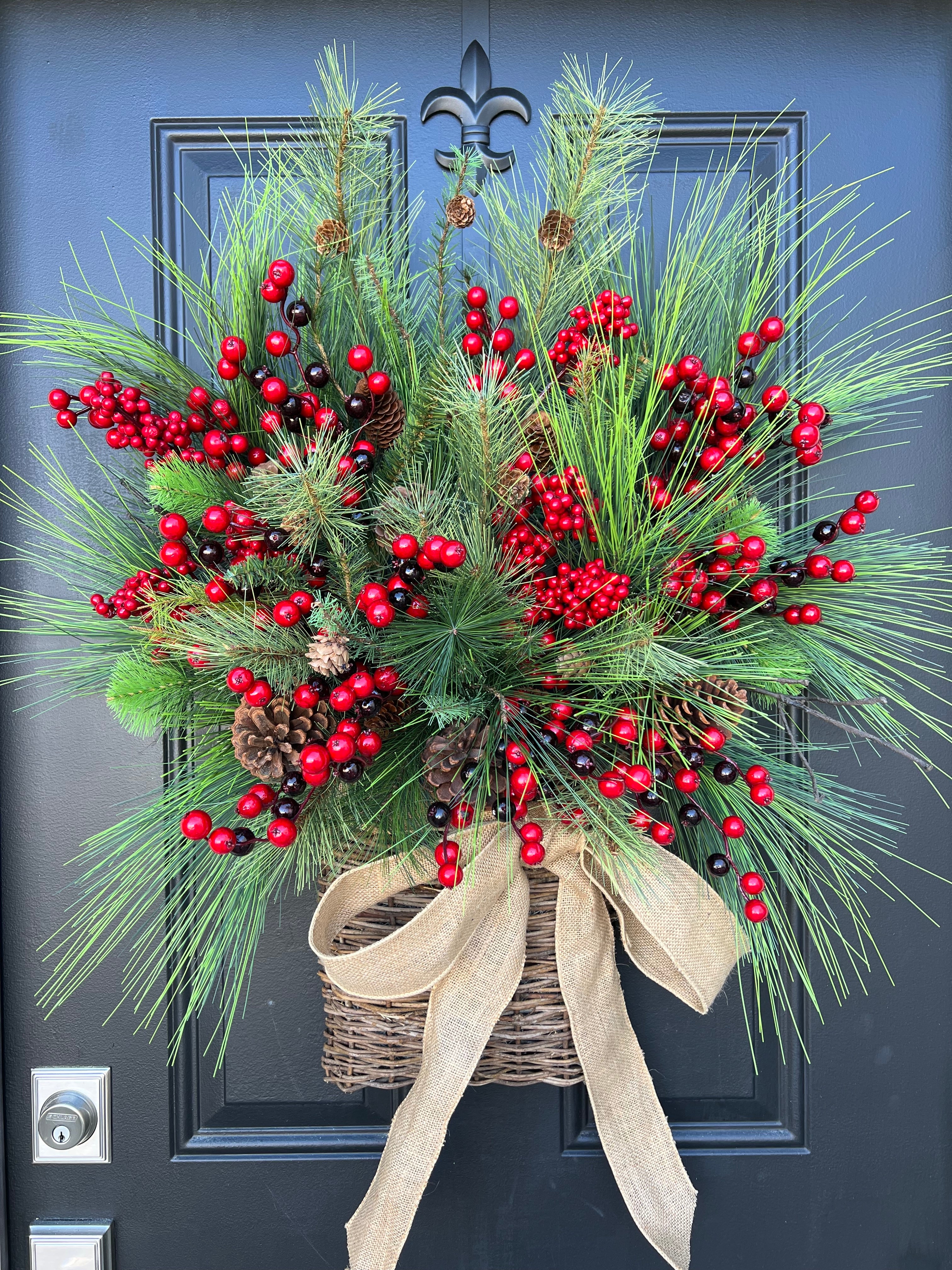 Christmas Basket Wreath with Pine, Red Berries and Burlap