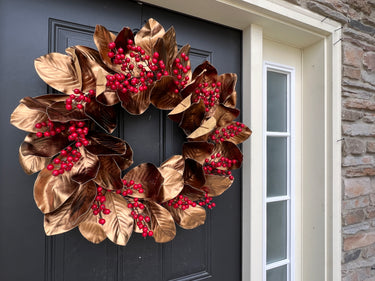 Vintage Gold Magnolia Wreath with Red Berries - TwoInspireYou