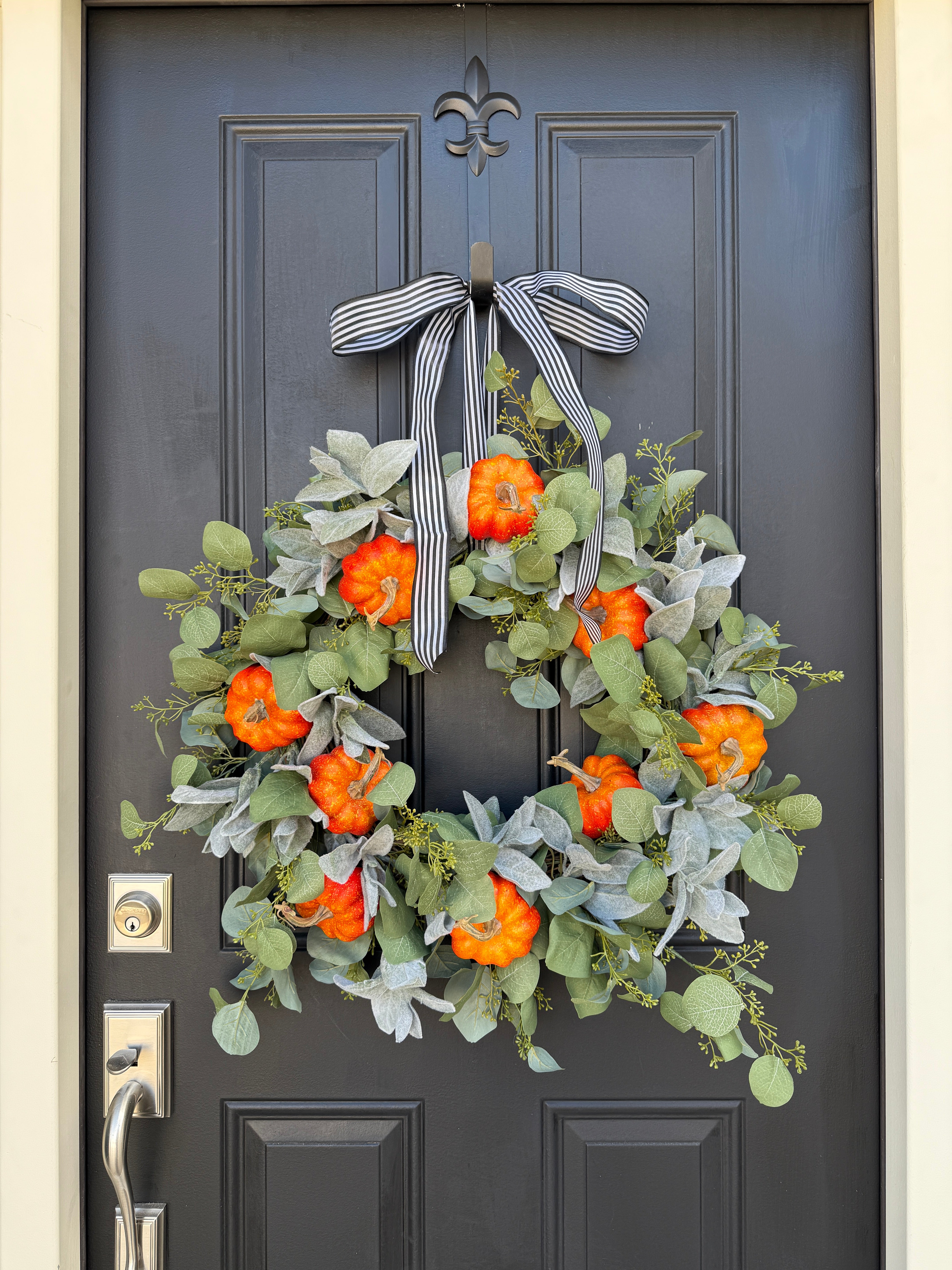 Pumpkin, Eucalyptus & Lamb’s Ear Wreath – Farmhouse Fall Door Décor
