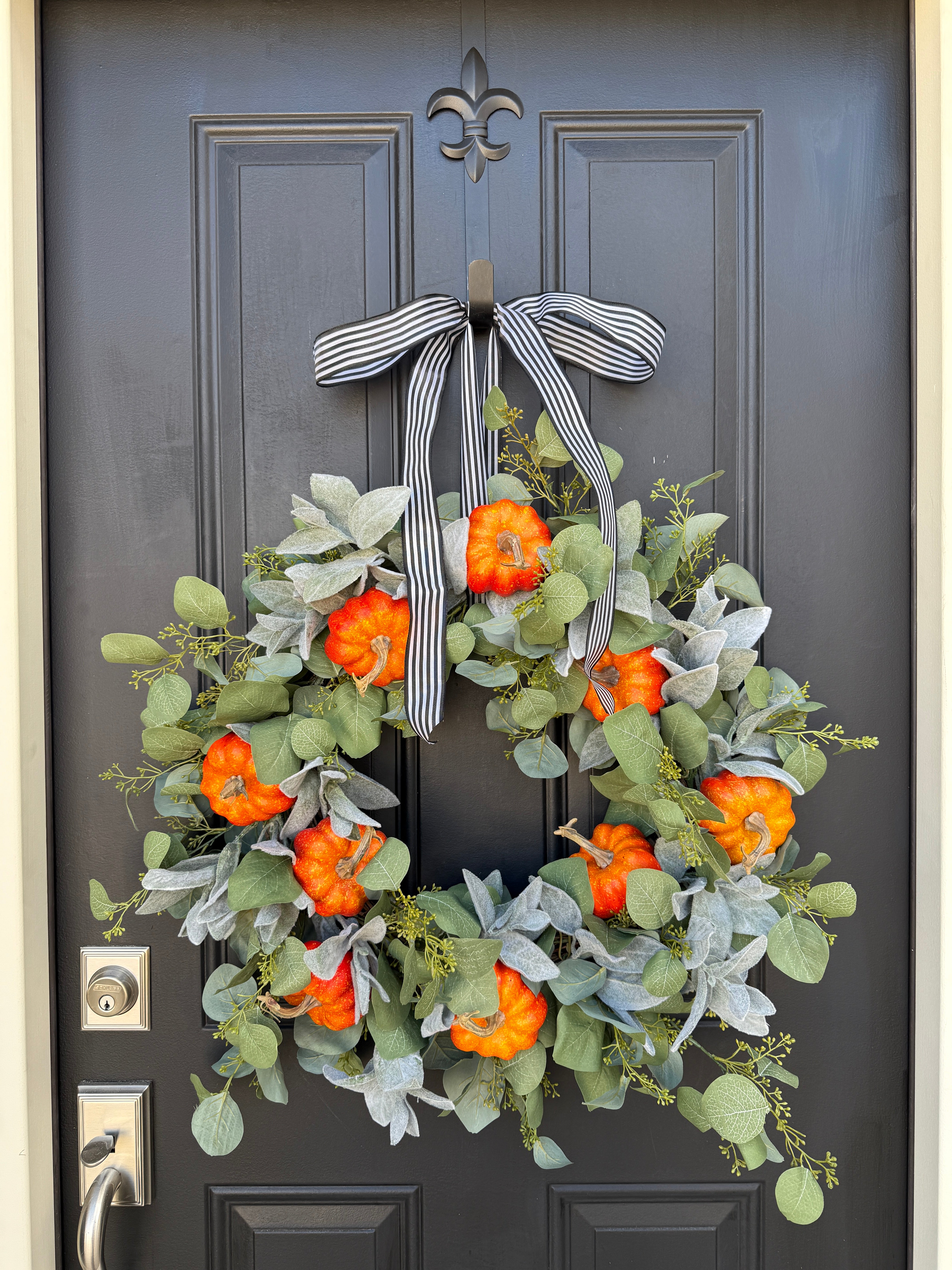 Pumpkin, Eucalyptus & Lamb’s Ear Wreath – Farmhouse Fall Door Décor