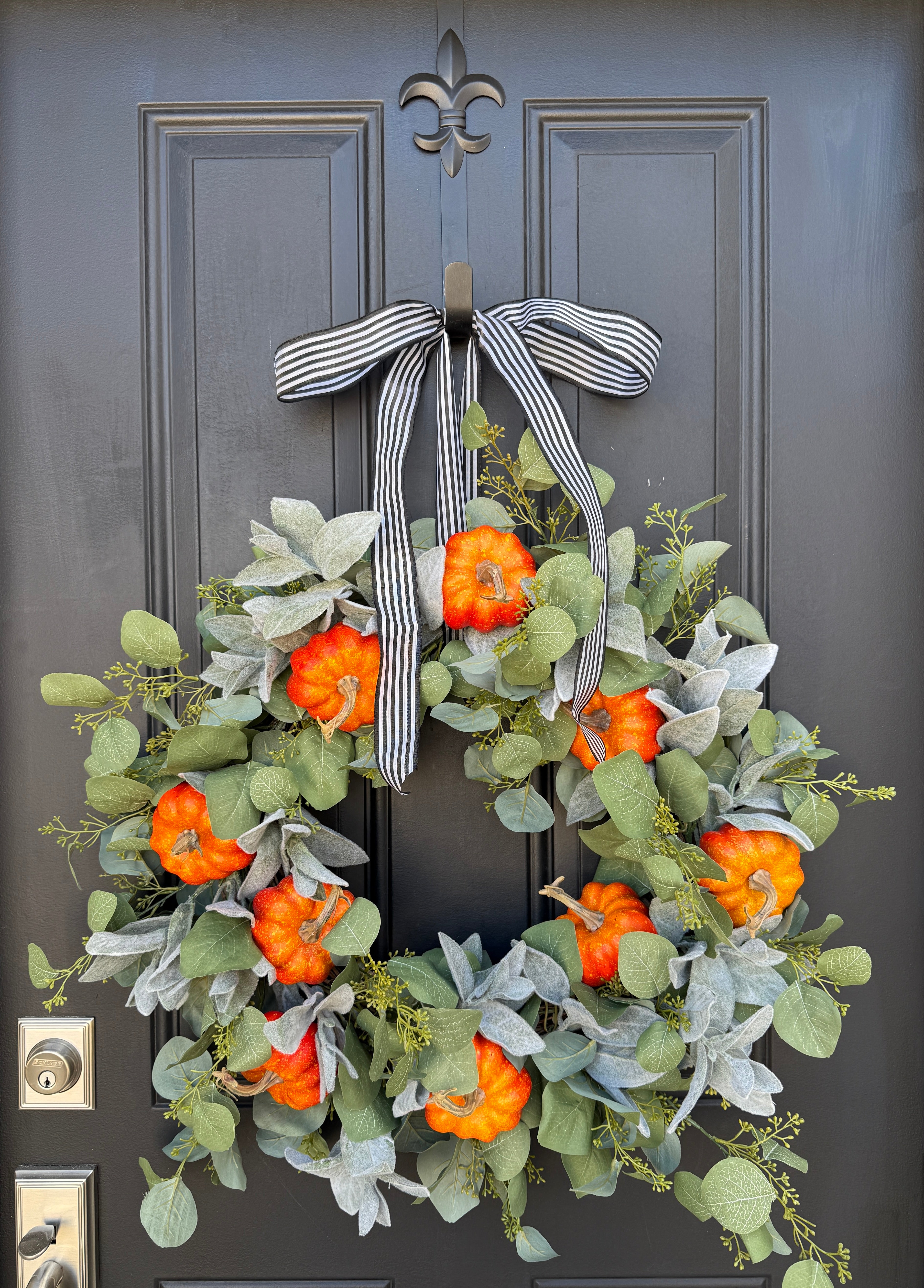 Pumpkin, Eucalyptus & Lamb’s Ear Wreath – Farmhouse Fall Door Décor