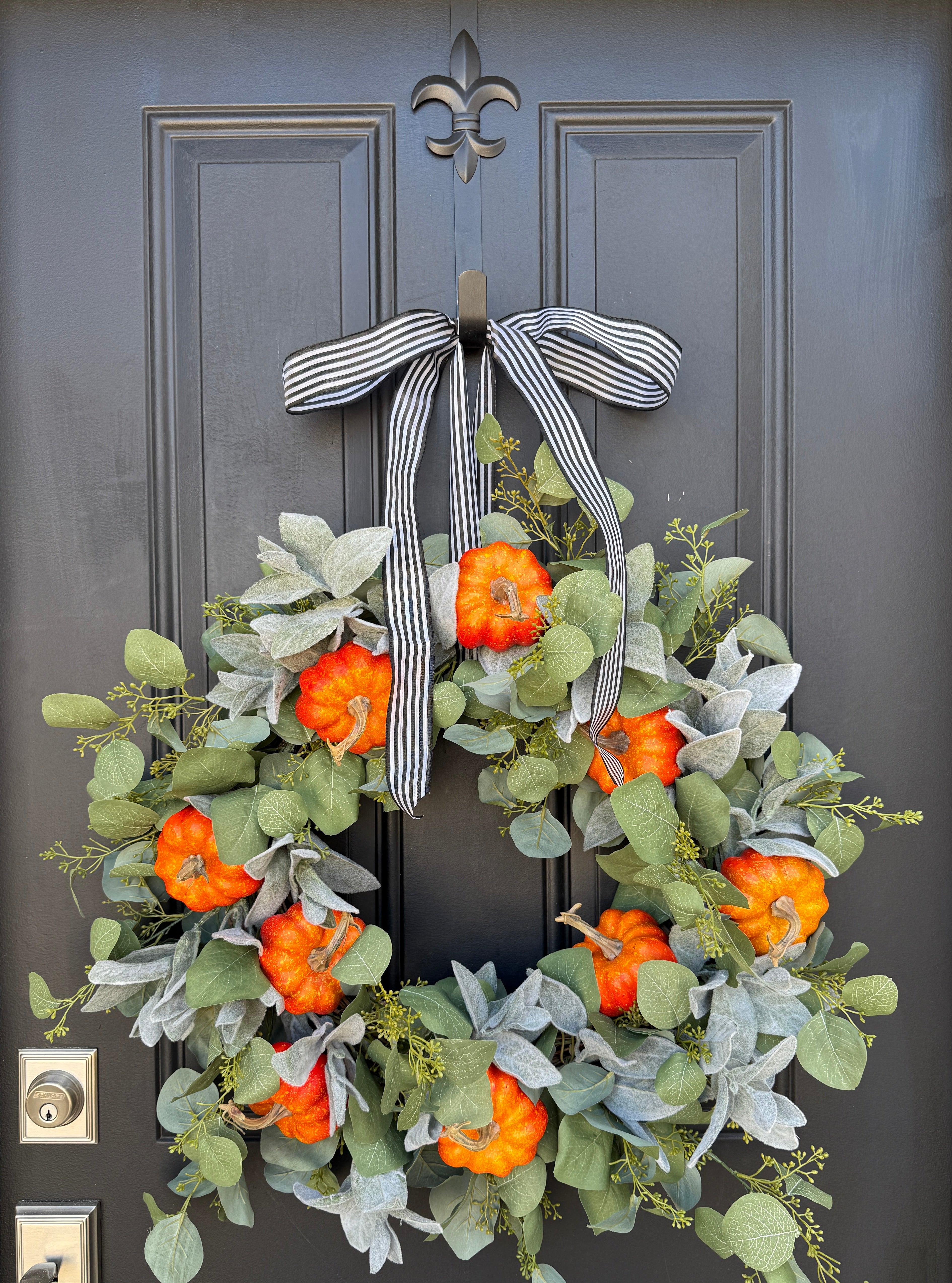 Pumpkin, Eucalyptus & Lamb’s Ear Wreath – Farmhouse Fall Door Décor