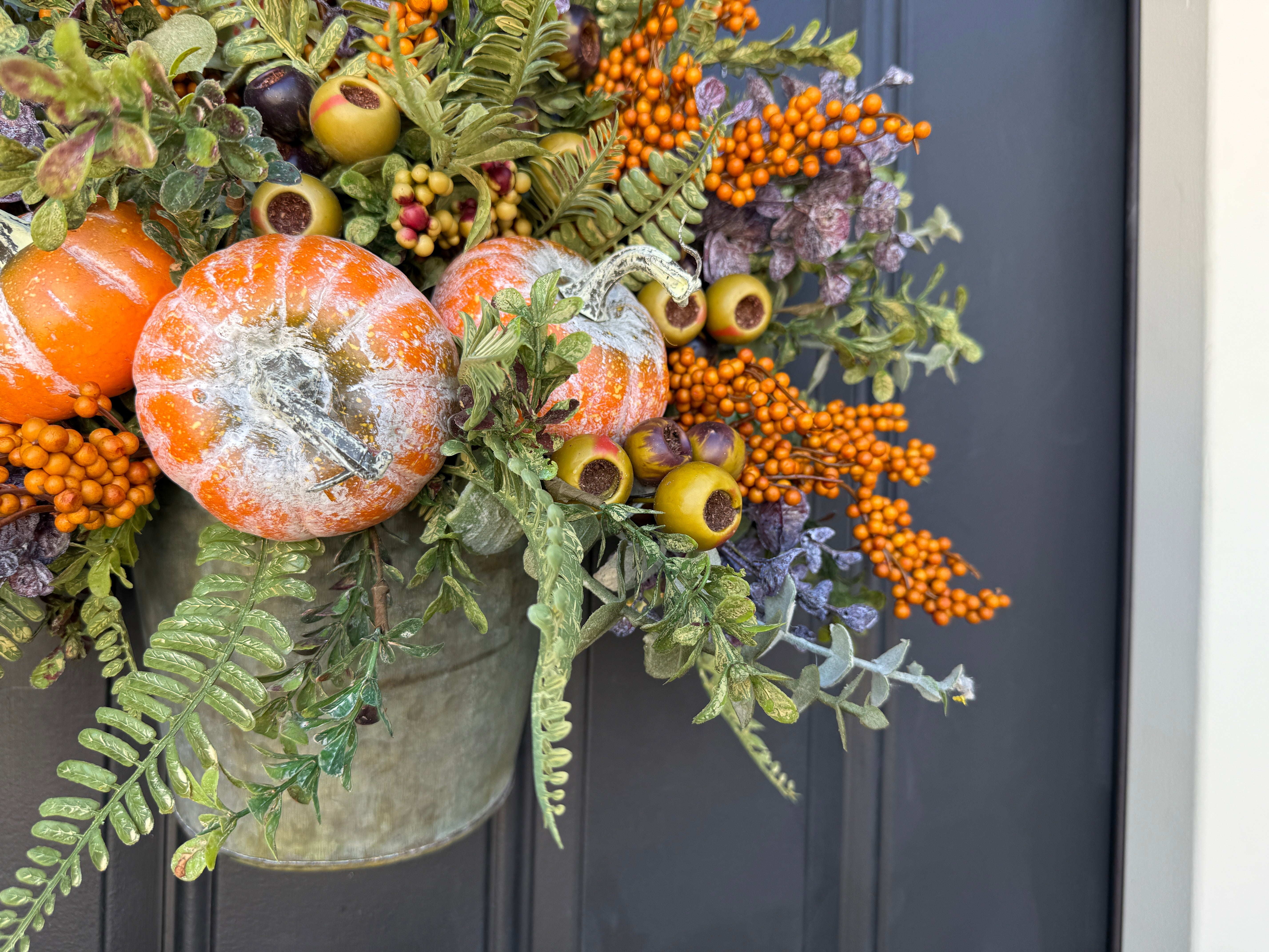 Fall Wall Bucket Wreath with Pumpkins & Berries – Rustic Harvest Door Décor