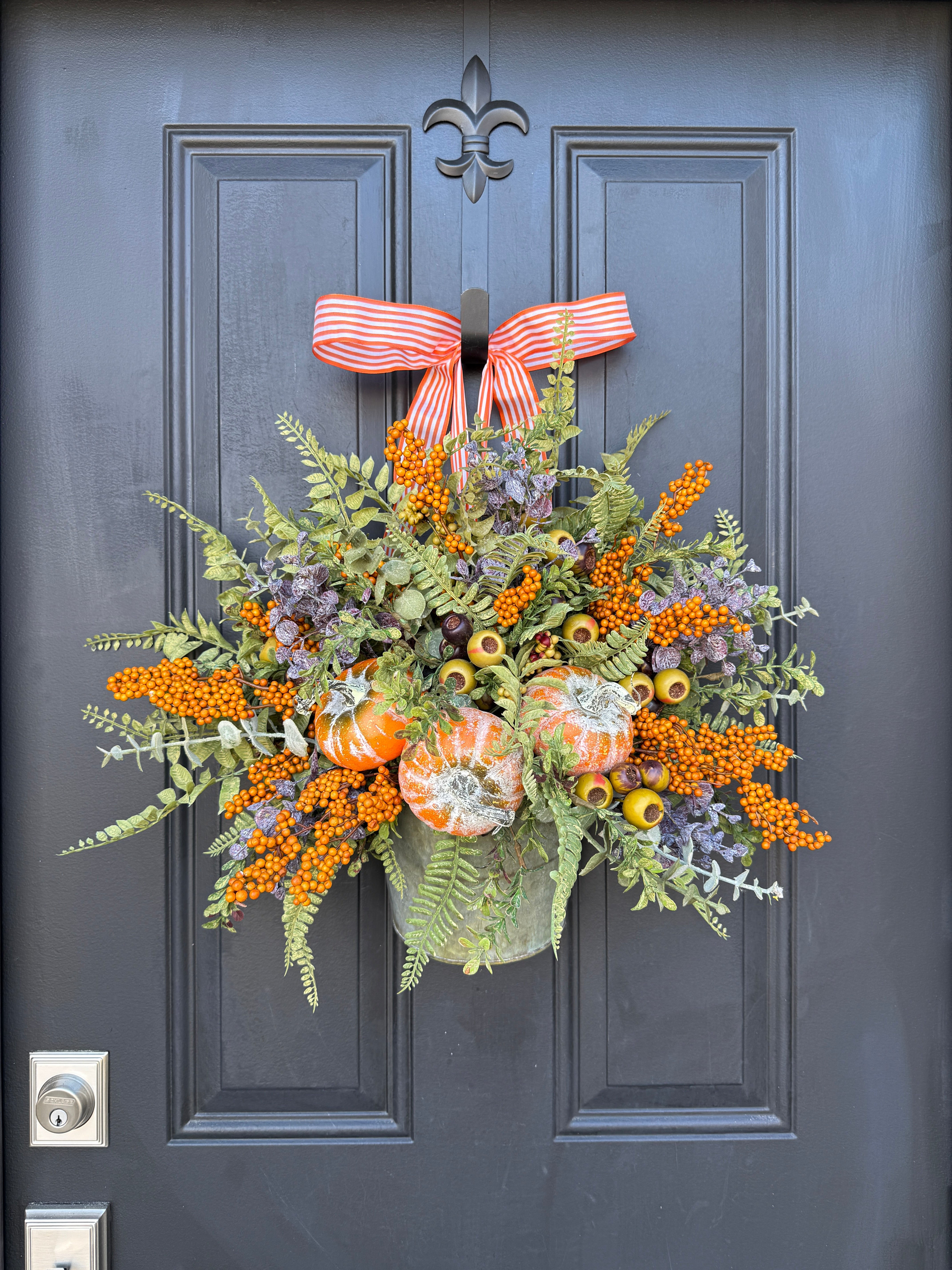 Fall Wall Bucket Wreath with Pumpkins & Berries – Rustic Harvest Door Décor