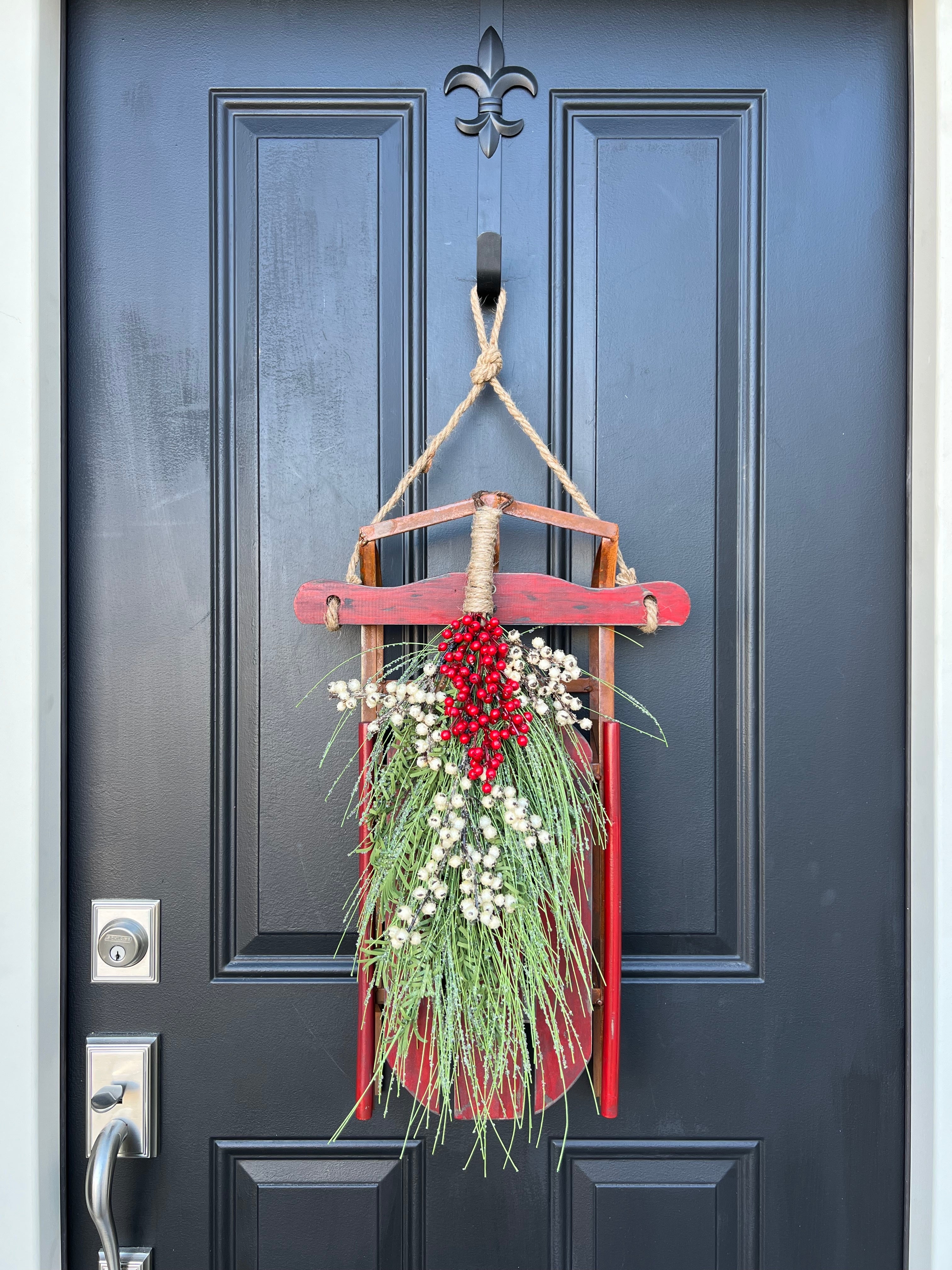 Vintage Christmas Wreath with Sled, Fir and Red and White Berries