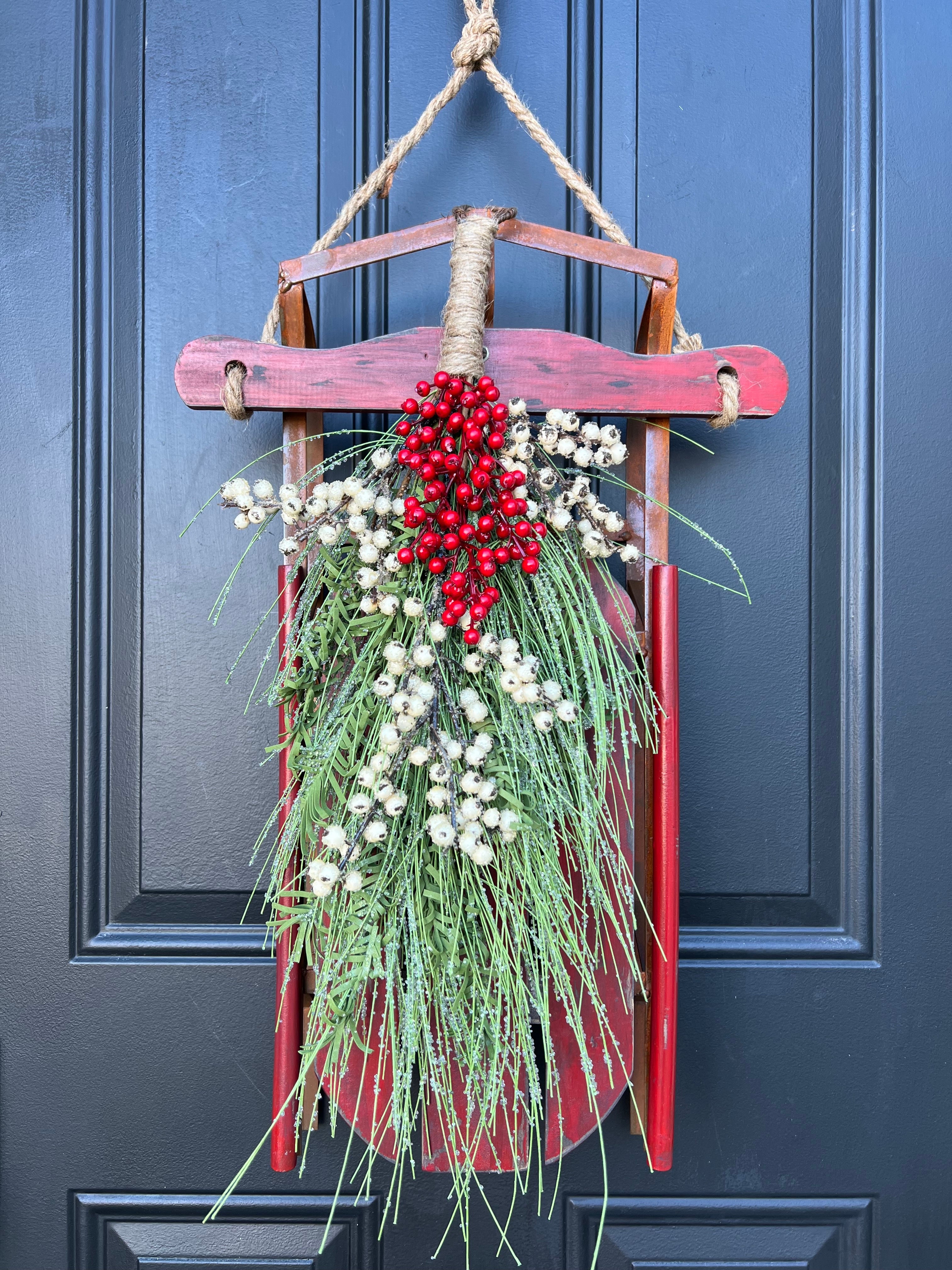 Vintage Christmas Wreath with Sled, Fir and Red and White Berries