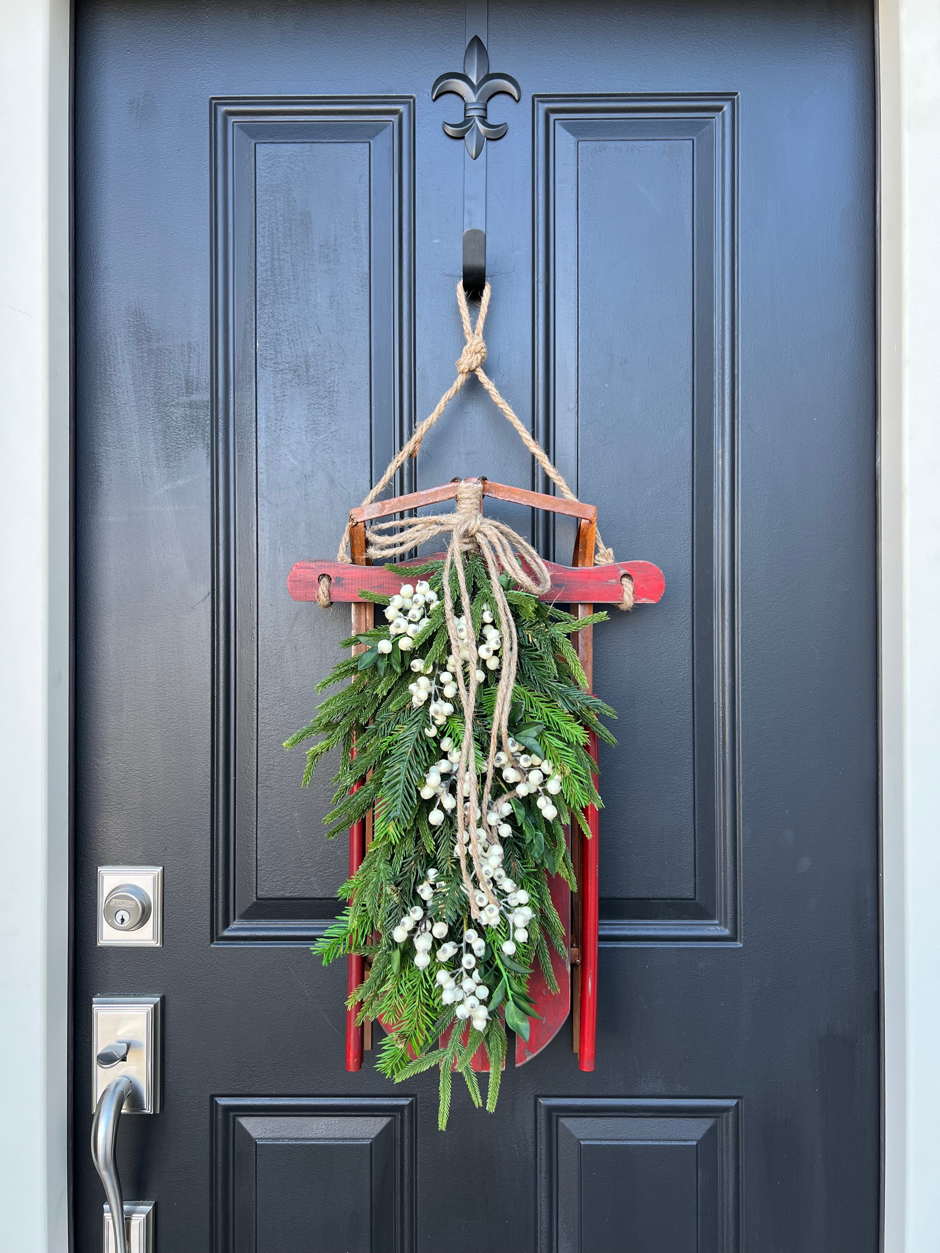 Vintage Christmas Wreath with Sled, Fir and White Berries