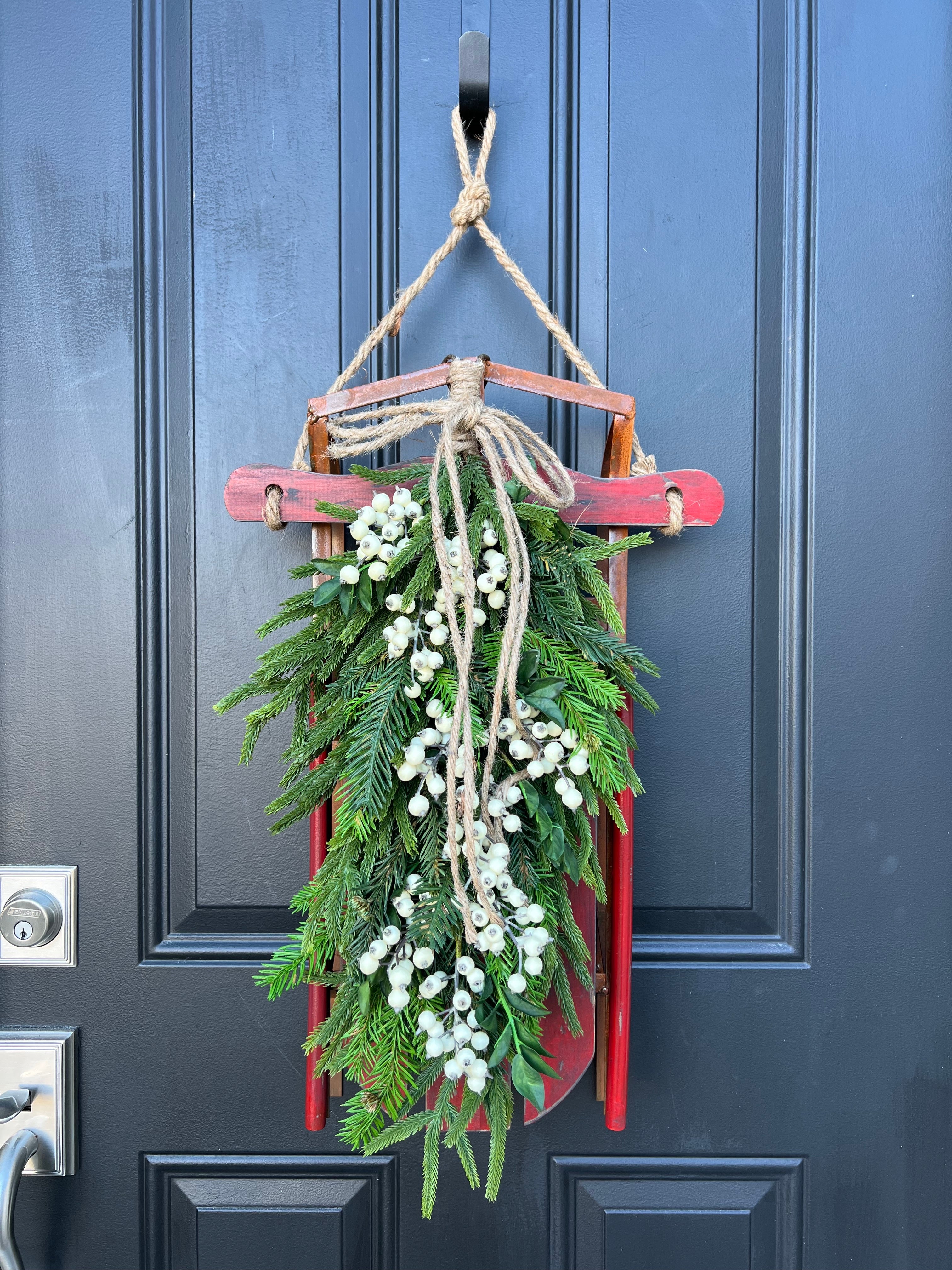 Vintage Christmas Wreath with Sled, Fir and White Berries