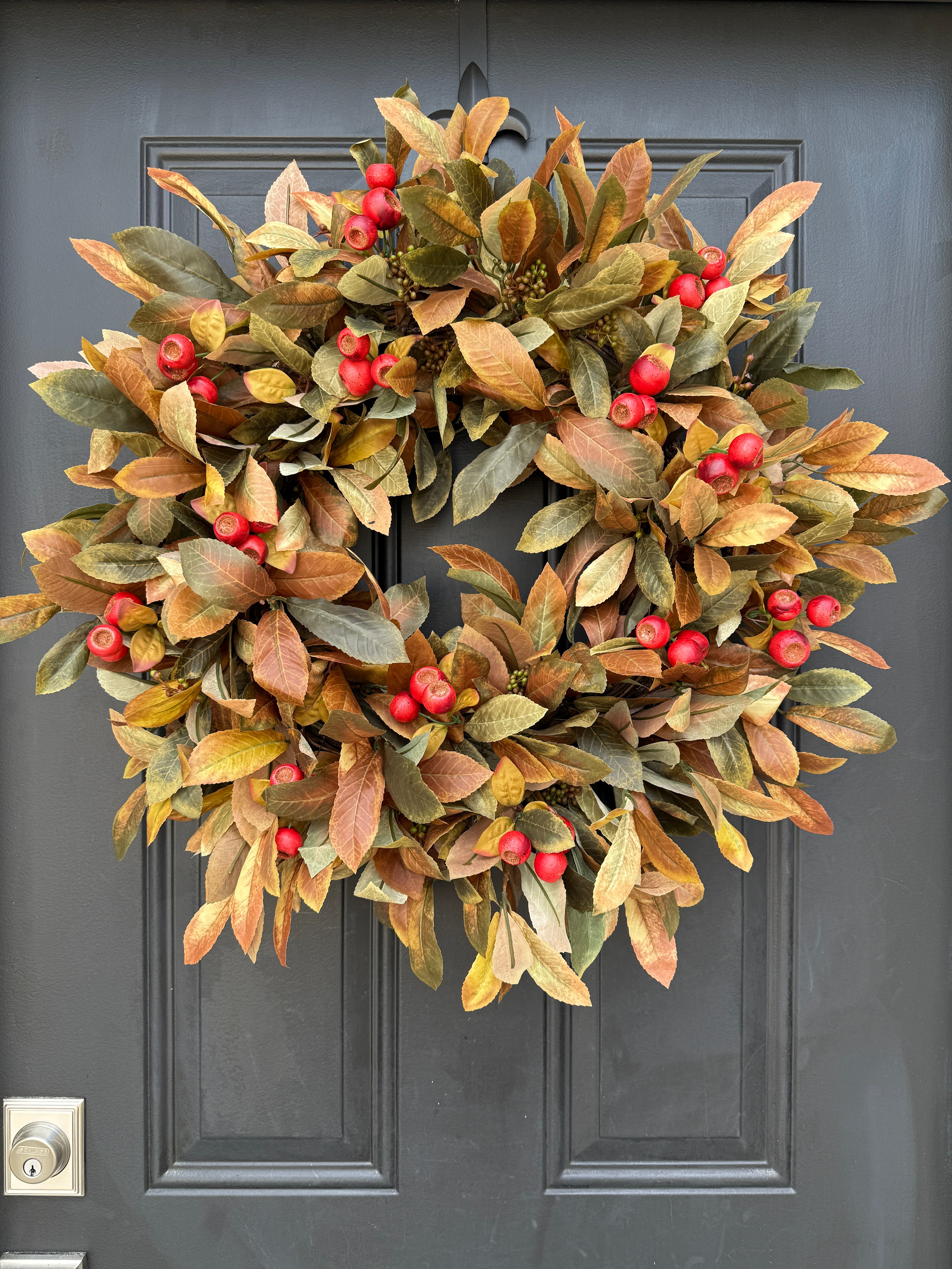 Brown & Red Leaf Berry Fall Wreath – Rustic Thanksgiving Door Décor