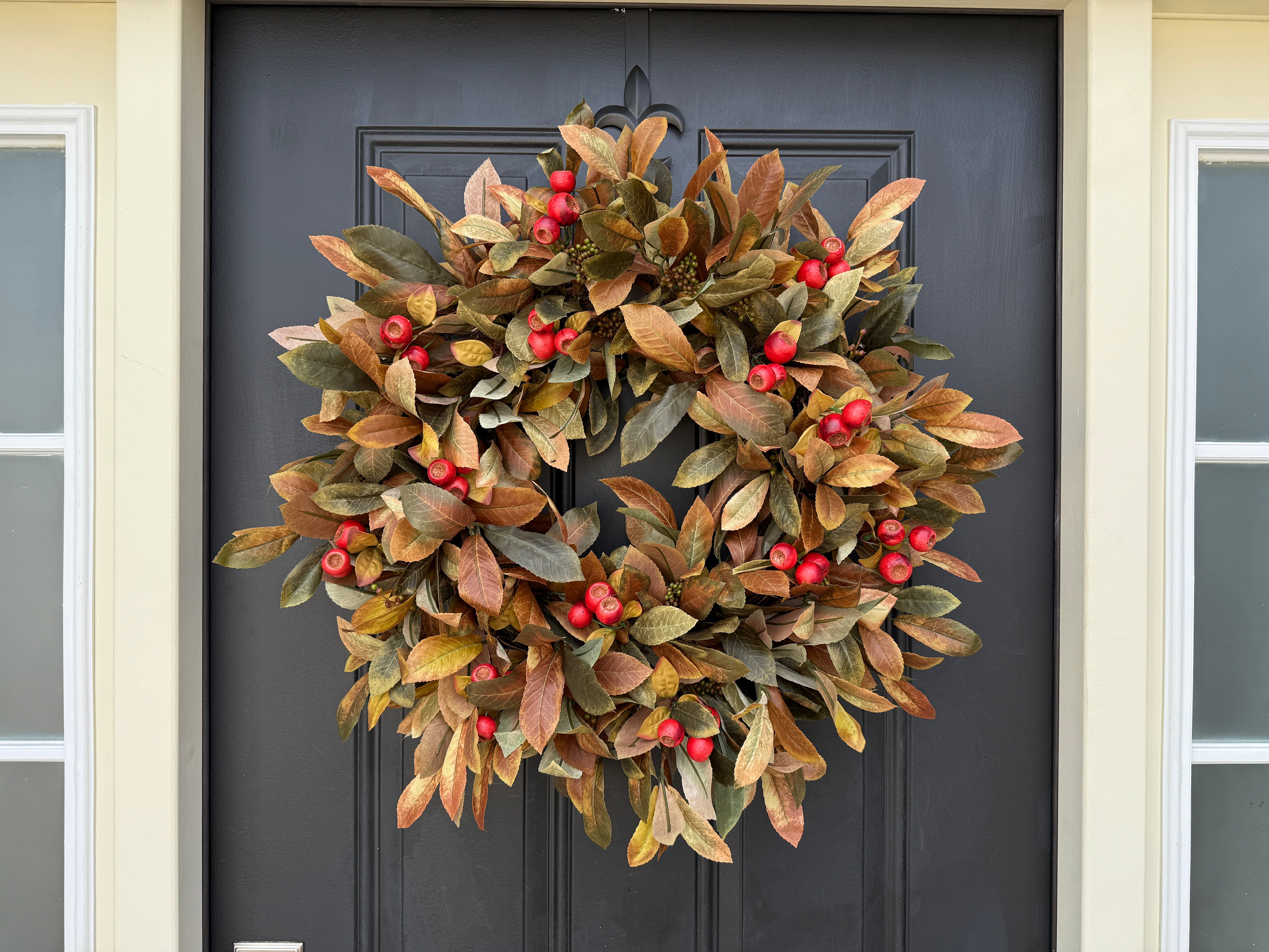 Brown & Red Leaf Berry Fall Wreath – Rustic Thanksgiving Door Décor