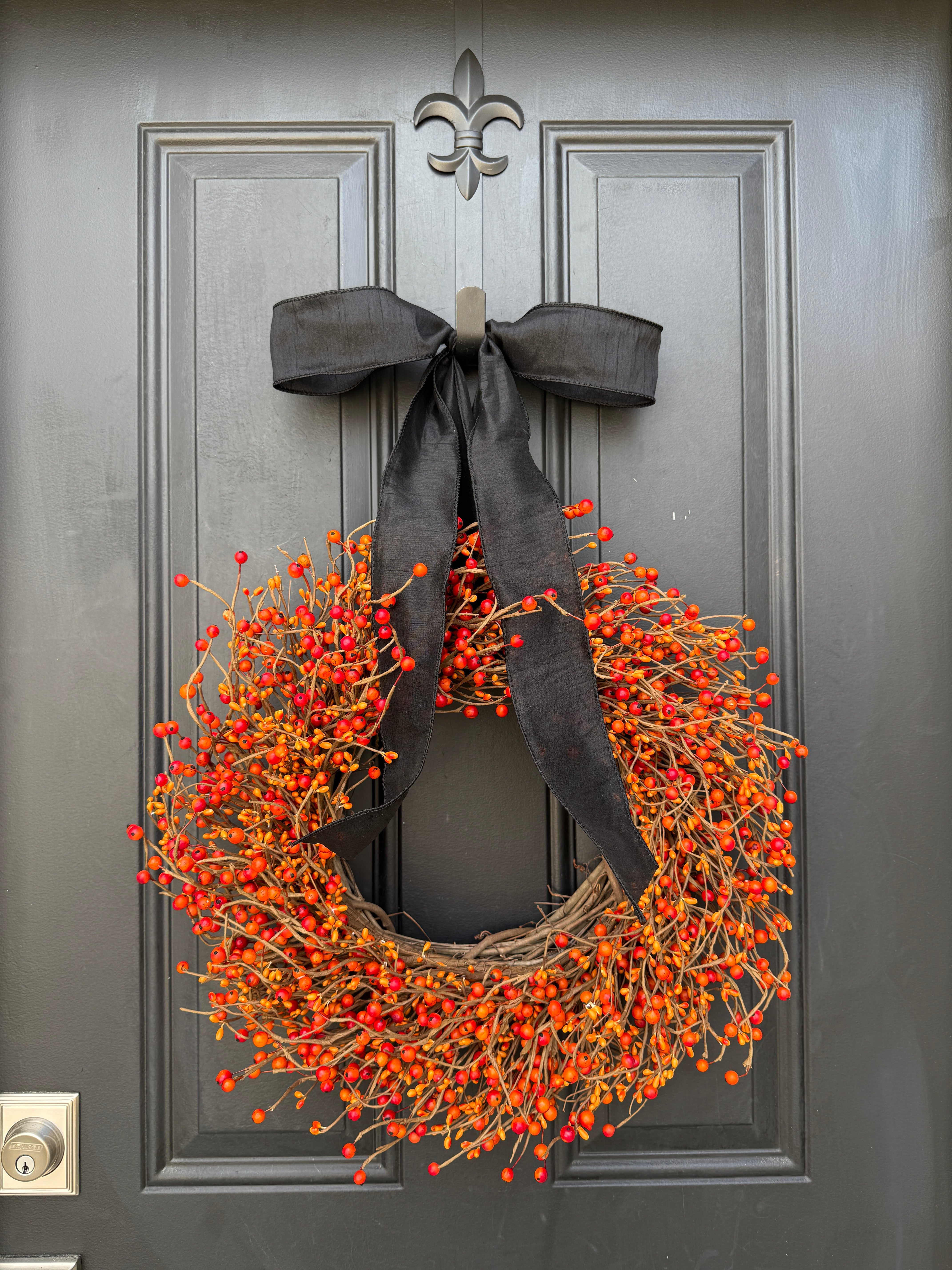 Orange Berry Fall Wreath with Black Ribbon – Rustic Autumn Door Décor