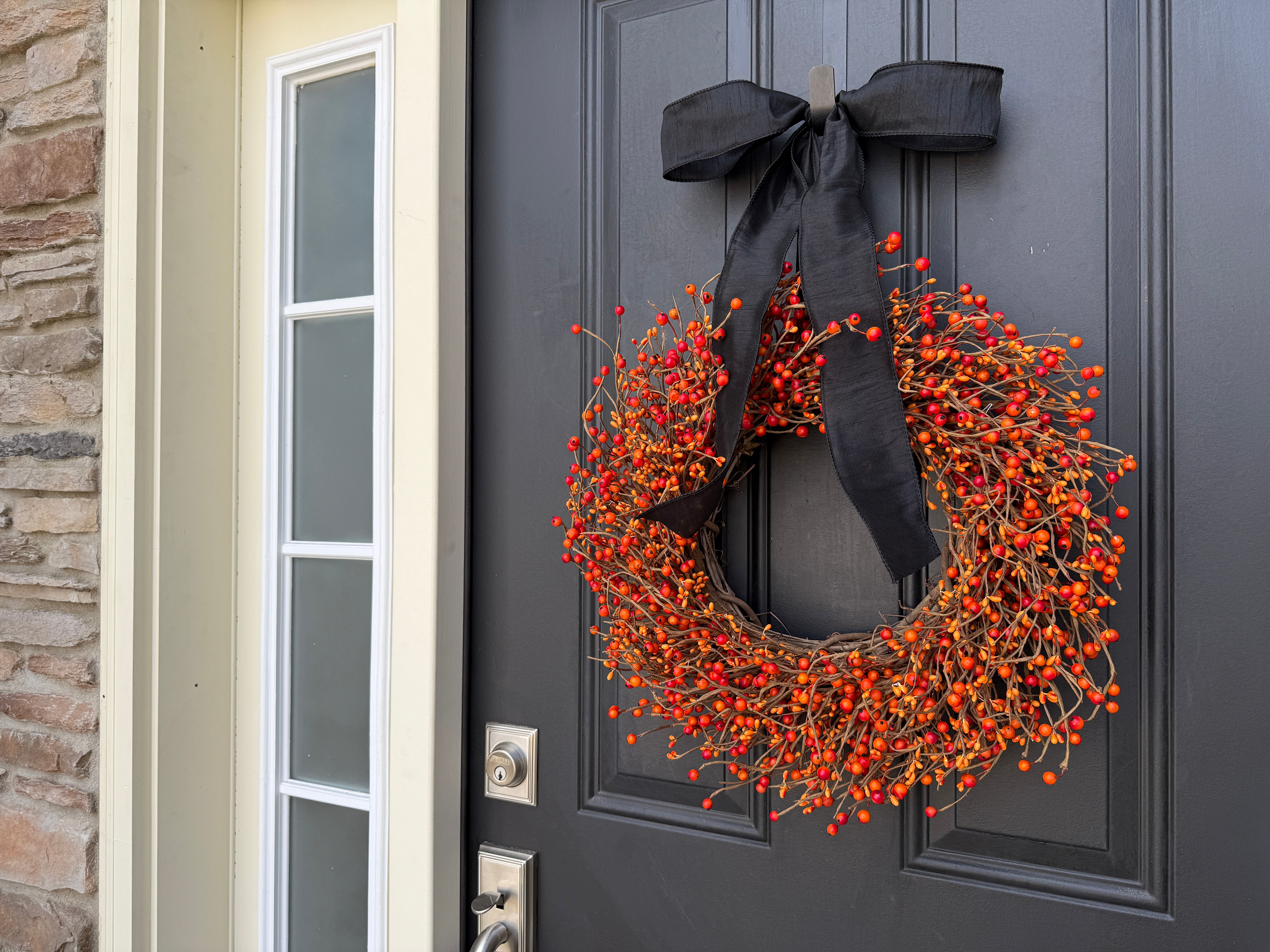 Orange Berry Fall Wreath with Black Ribbon – Rustic Autumn Door Décor