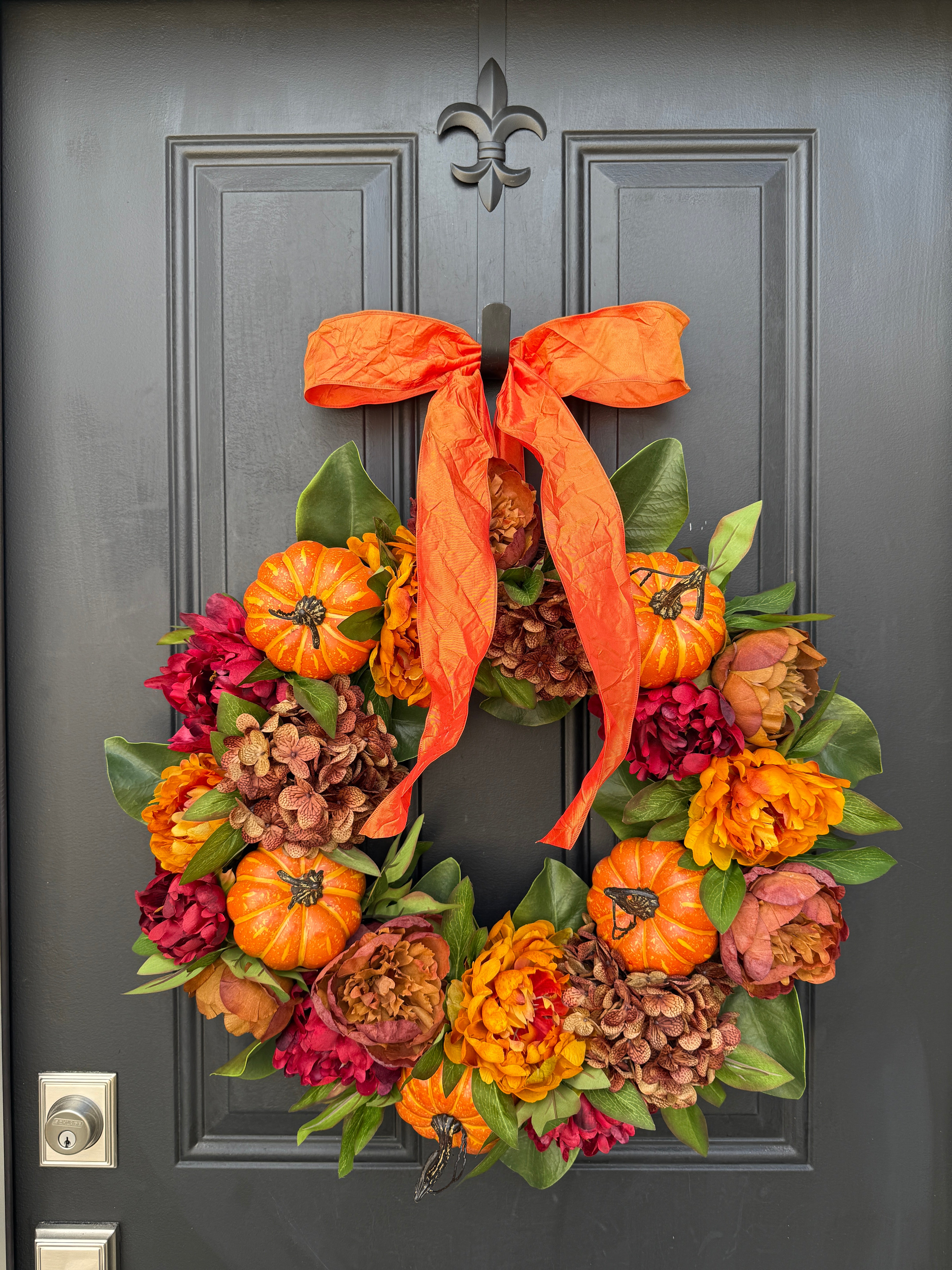 Pumpkin & Peony Fall Wreath with Orange Bow – Thanksgiving Door Décor
