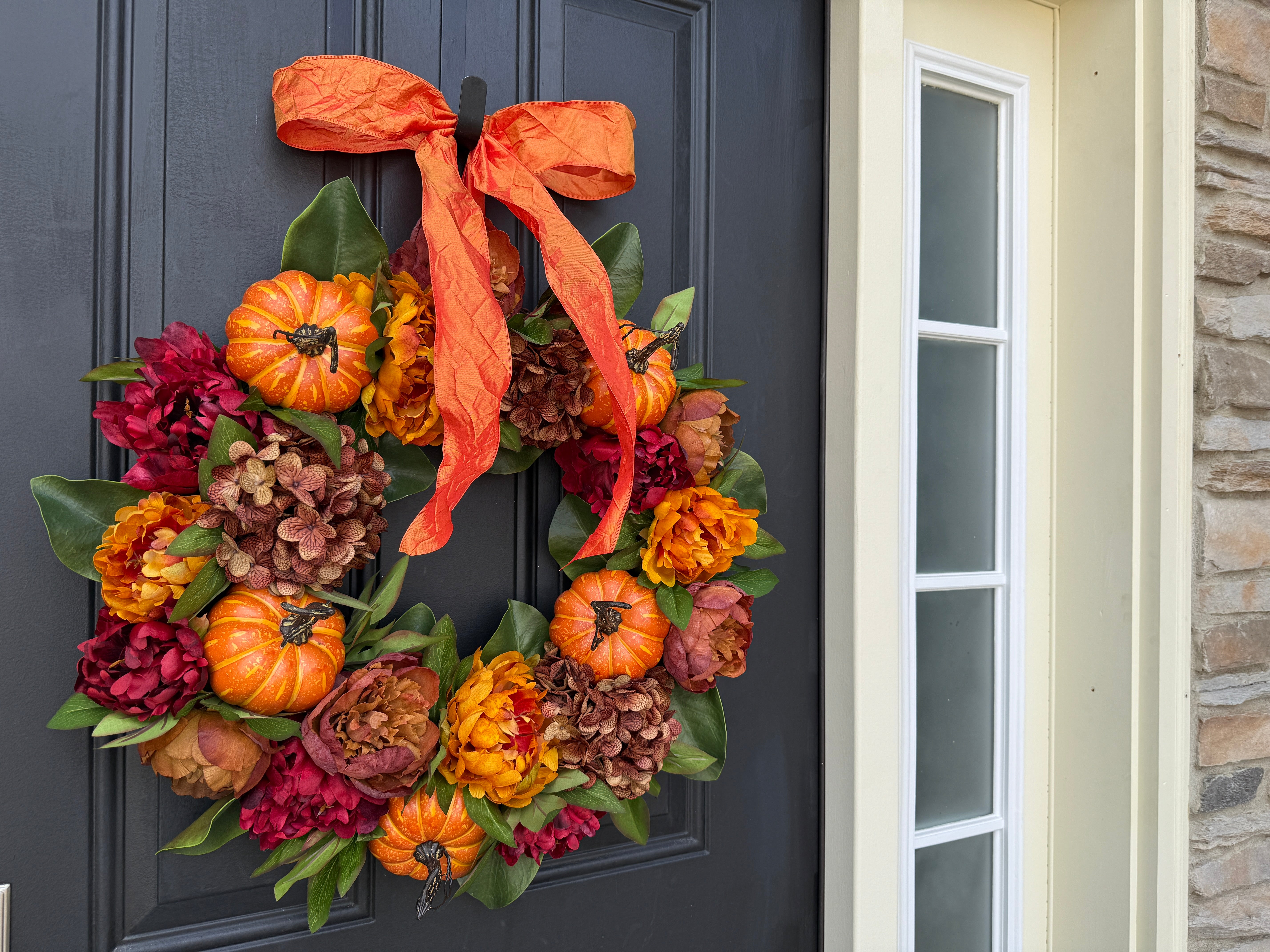 Pumpkin & Peony Fall Wreath with Orange Bow – Thanksgiving Door Décor