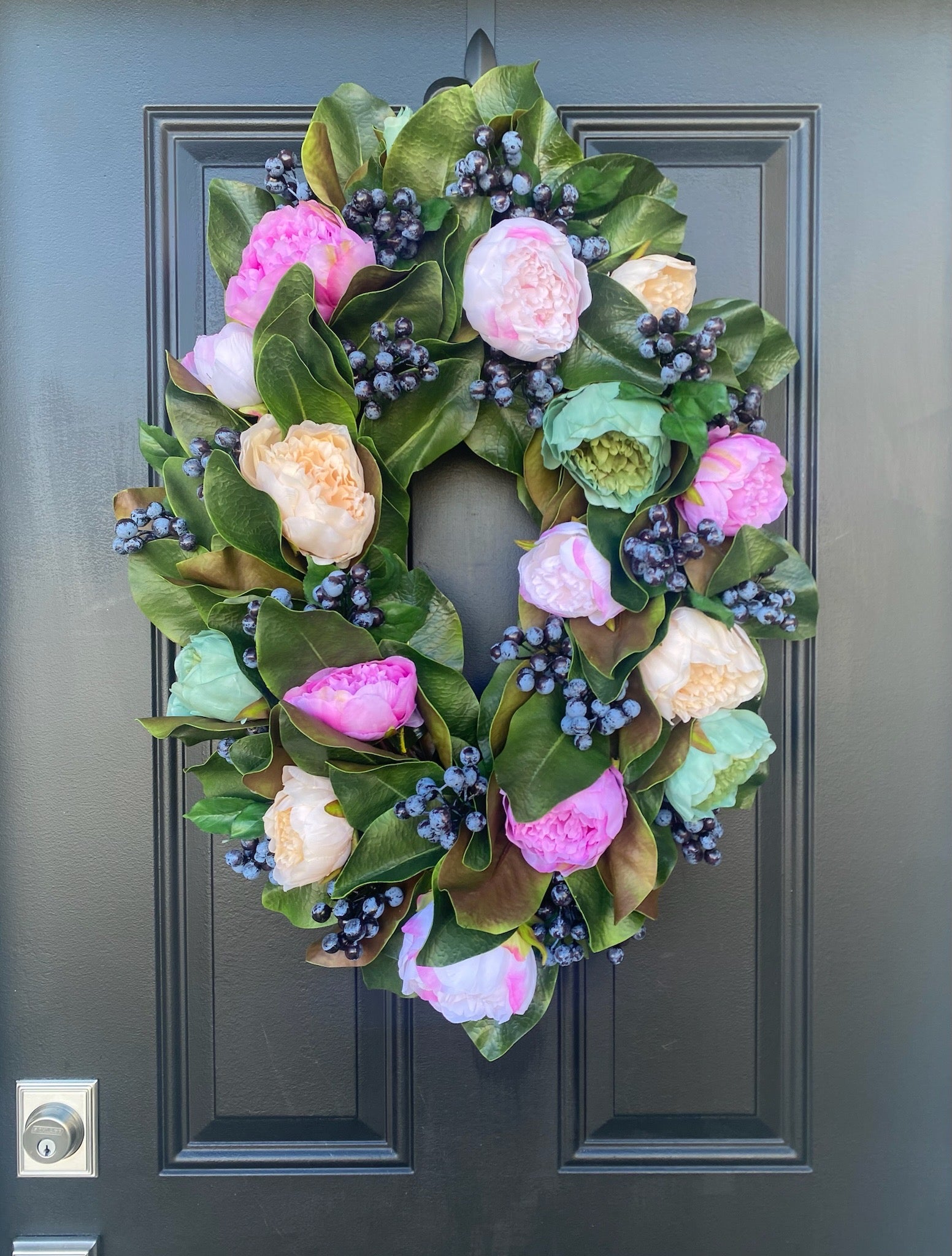 Lush Spring Oval Wreath with Magnolia, Peonies & Blueberries