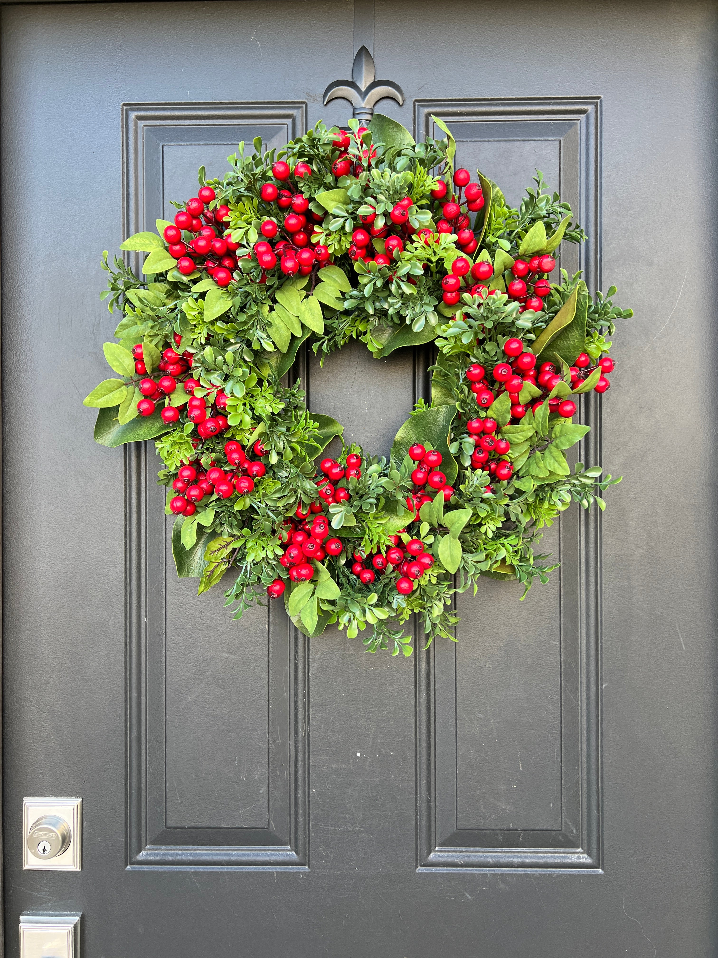 Holiday Boxwood and Magnolia Wreath with Red Berries