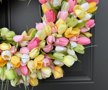 Pink and Yellow Tulip Wreath, 24" Front Door Spring Tulip Wreath - TwoInspireYou