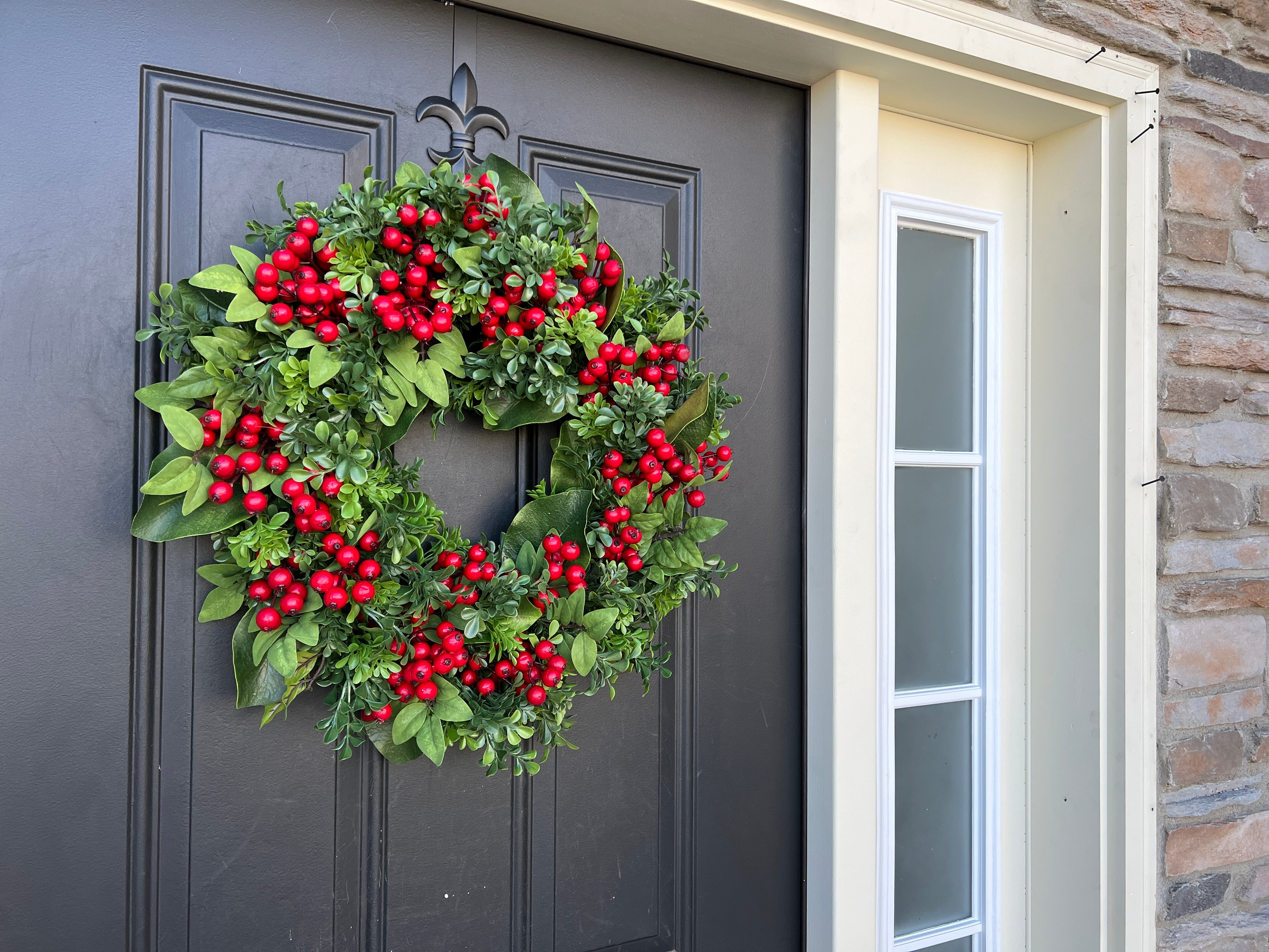 Holiday Boxwood and Magnolia Wreath with Red Berries