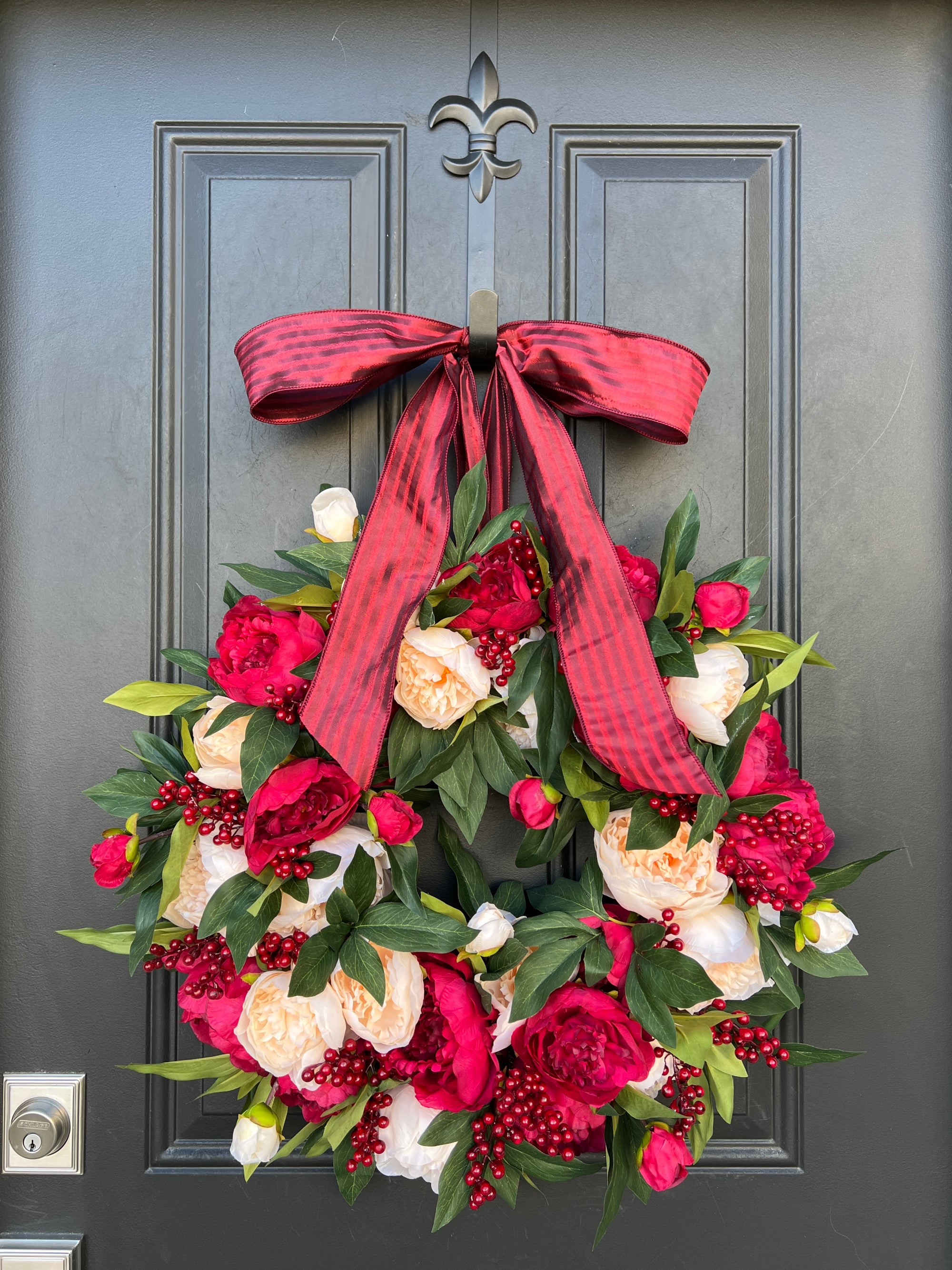 Christmas Red and Cream Peony Wreath with Red Berries