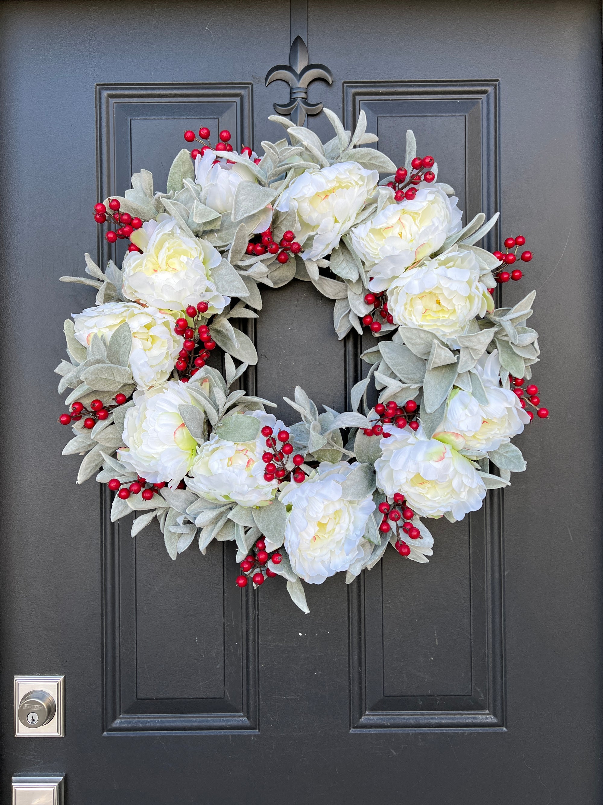 White Christmas Peony Wreath with Red Berries, Ready to Ship