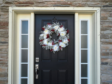 White Christmas Peony Wreath with Red Berries - TwoInspireYou
