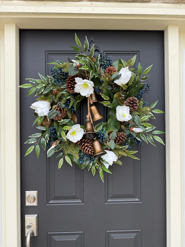 White Magnolia & Blue Berry Winter Wreath with Hanging Bells