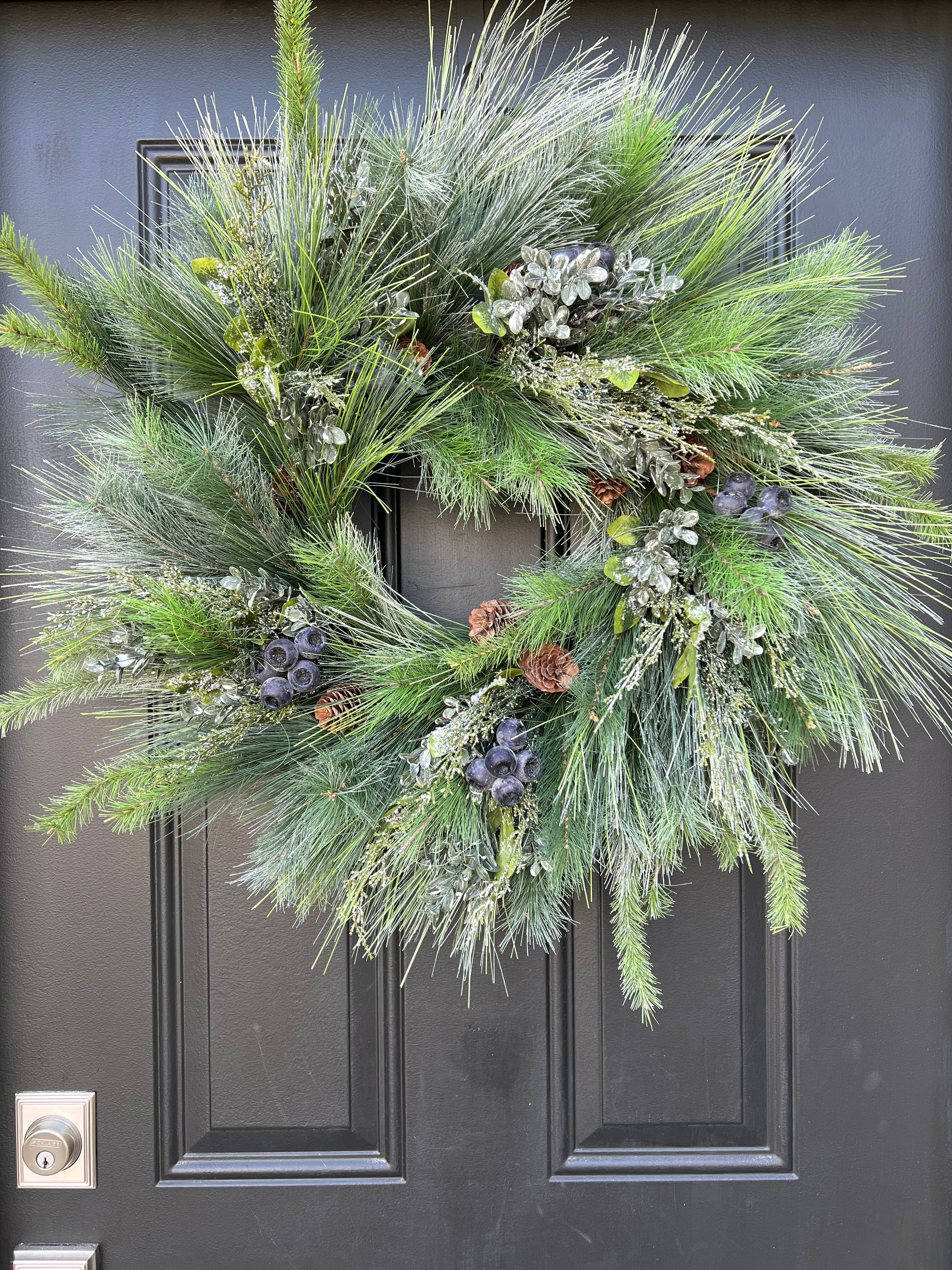 Frosted Woodland Pine Wreath with Blue Pods and Winter Greenery