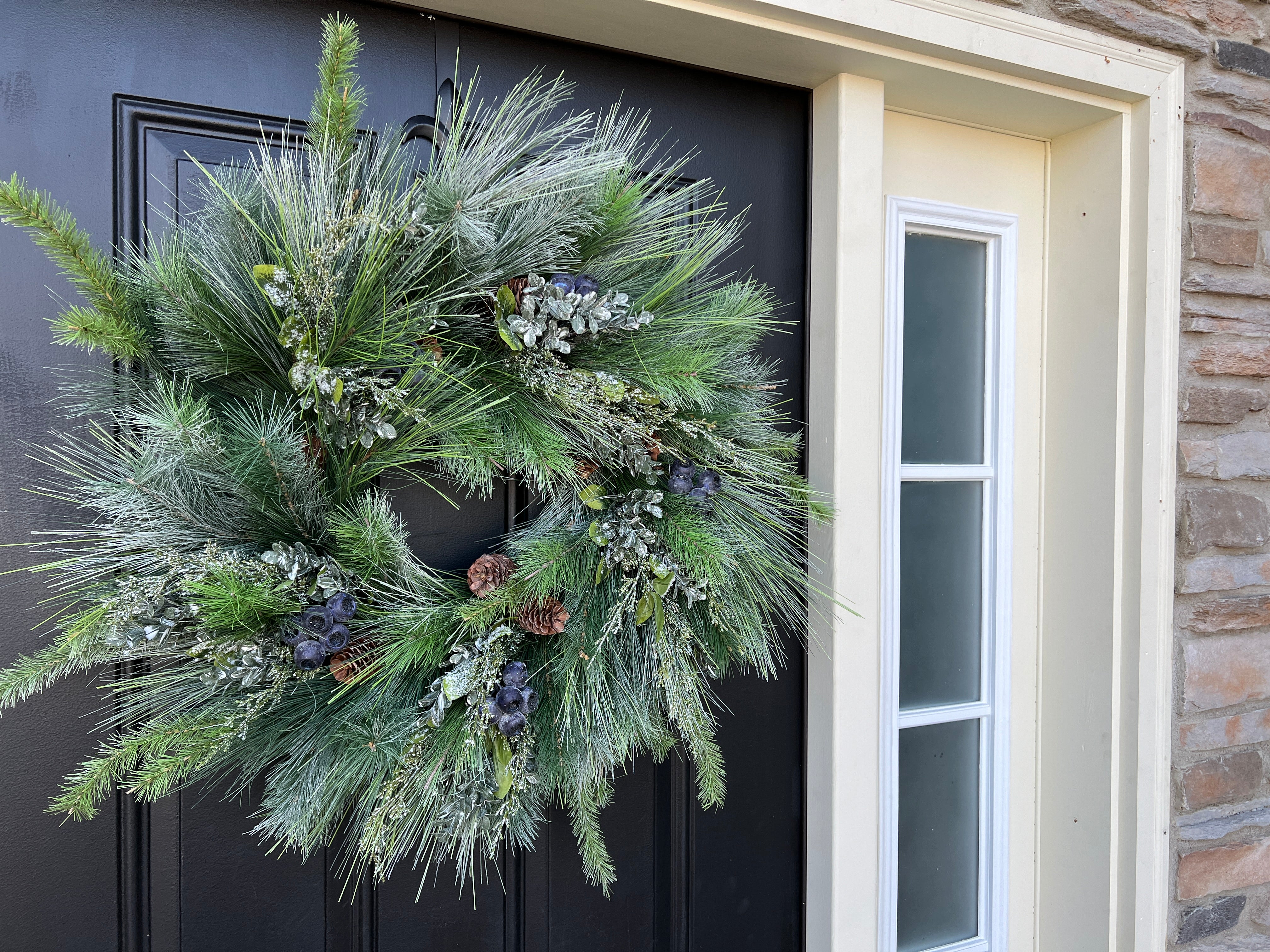 Frosted Woodland Pine Wreath with Blue Pods and Winter Greenery