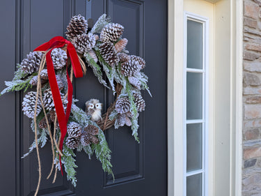 Snowy Owl Winter Wreath with Pinecones and Red Velvet Bow