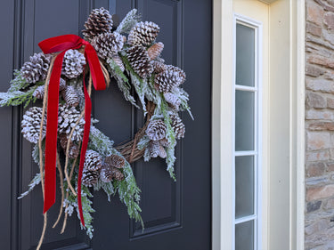 Snowy Pinecone Christmas Wreath with Red Velvet Bow