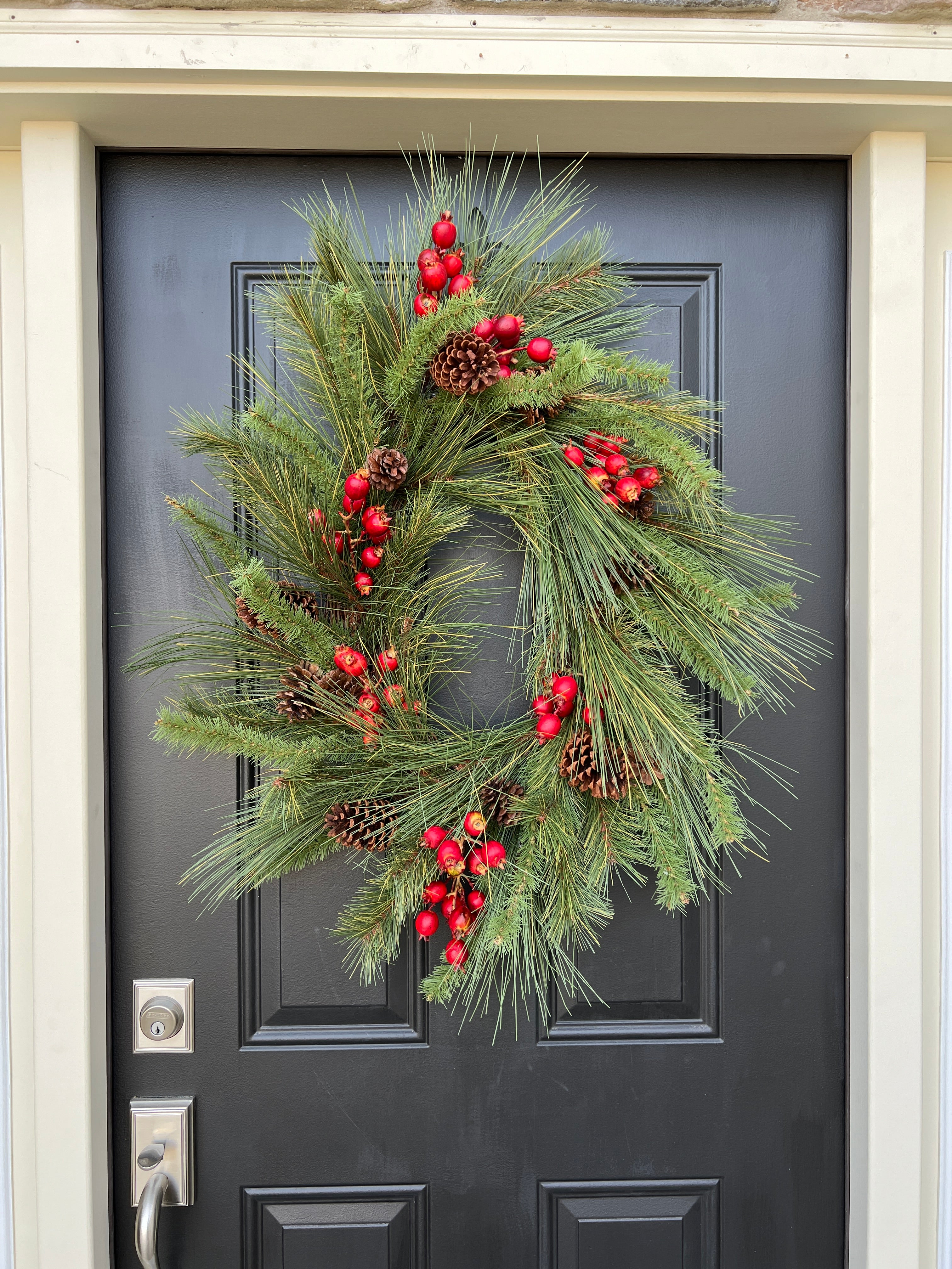 Farmhouse Long Needle Oval Wreath with Red Berries and Pinecones