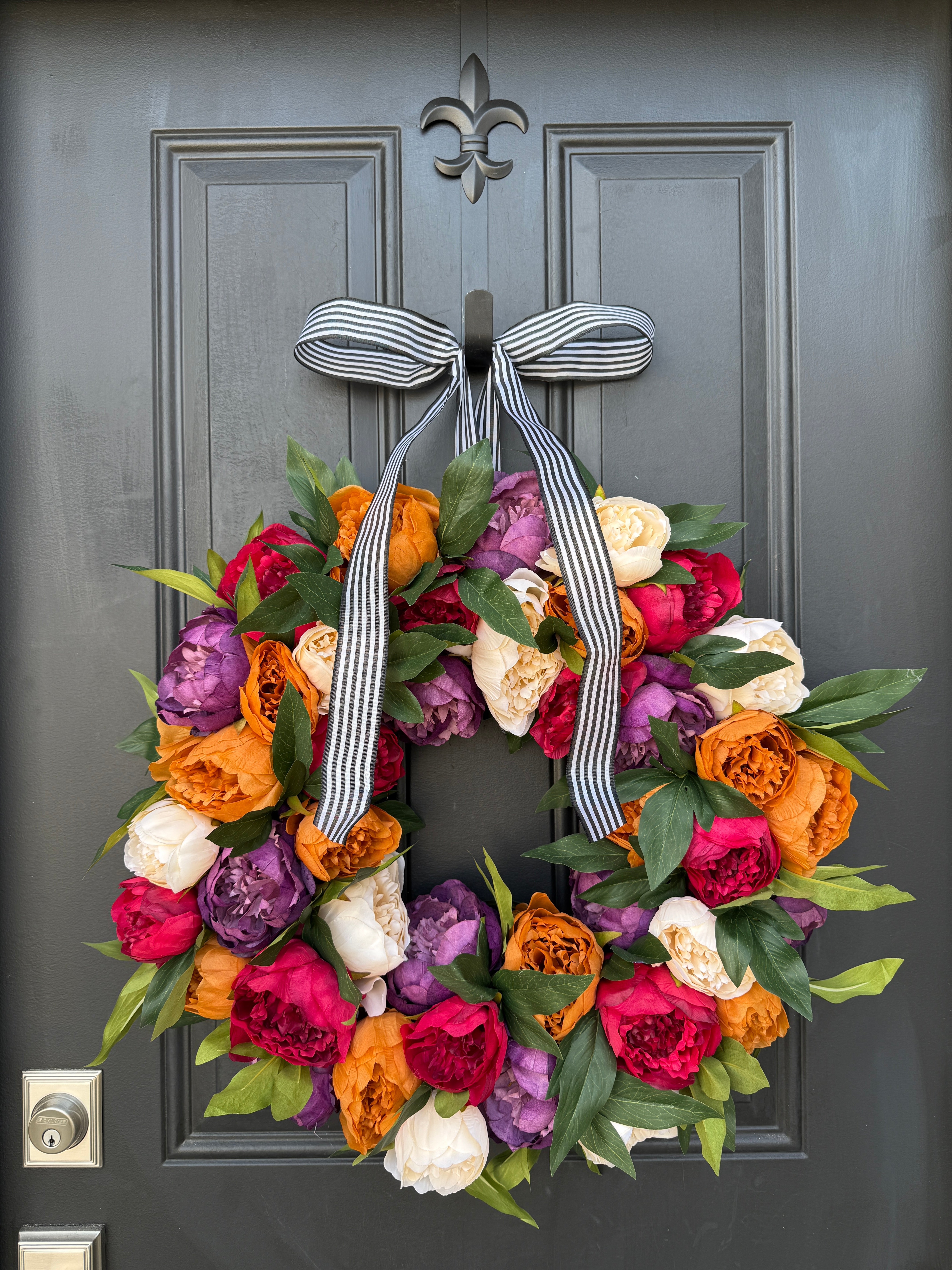 Colorful Peony Wreath with Jewel Tones and Stripe Ribbon