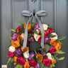Colorful Peony Wreath with Jewel Tones and Stripe Ribbon - TwoInspireYou