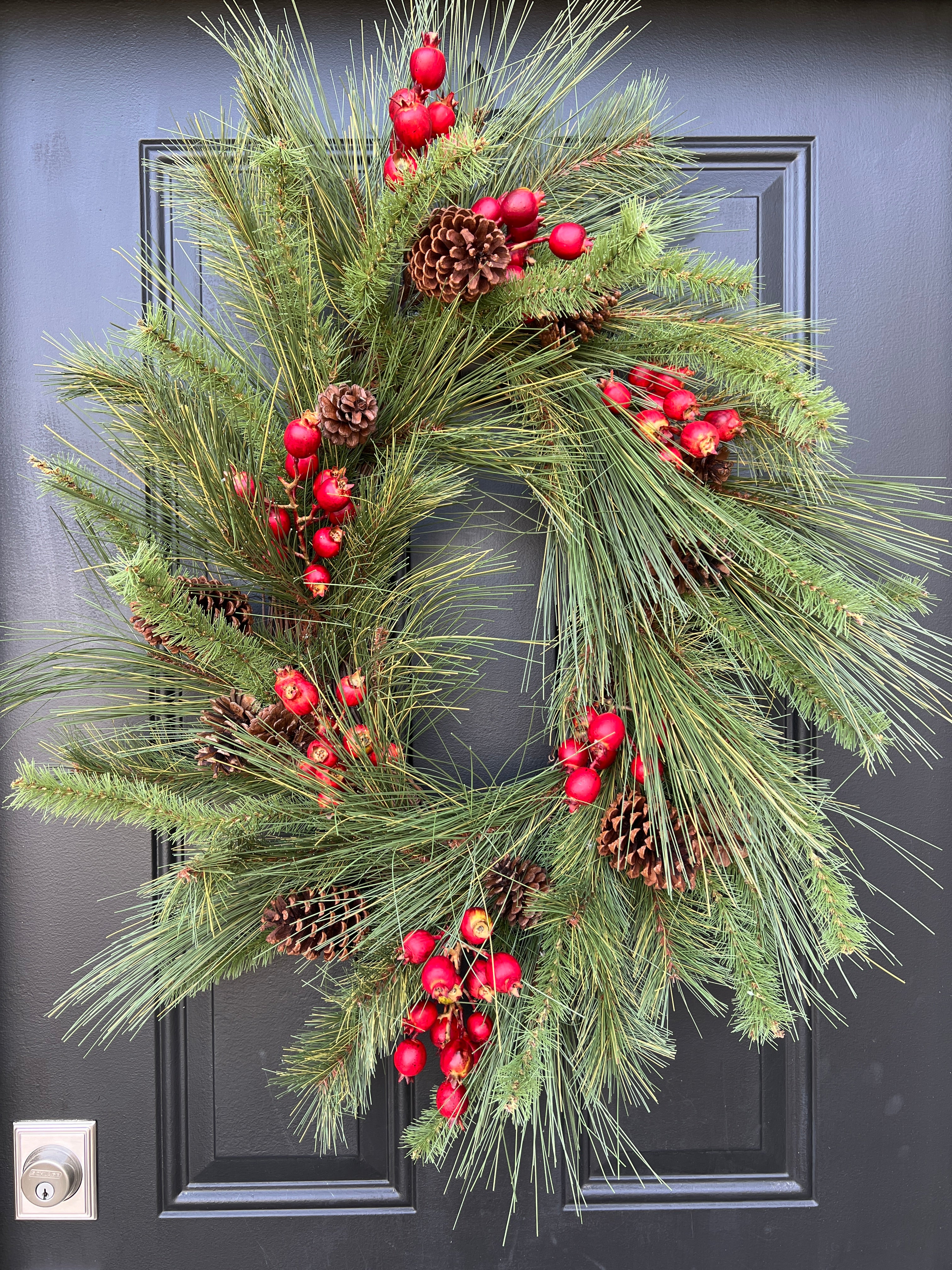 Farmhouse Long Needle Oval Wreath with Red Berries and Pinecones