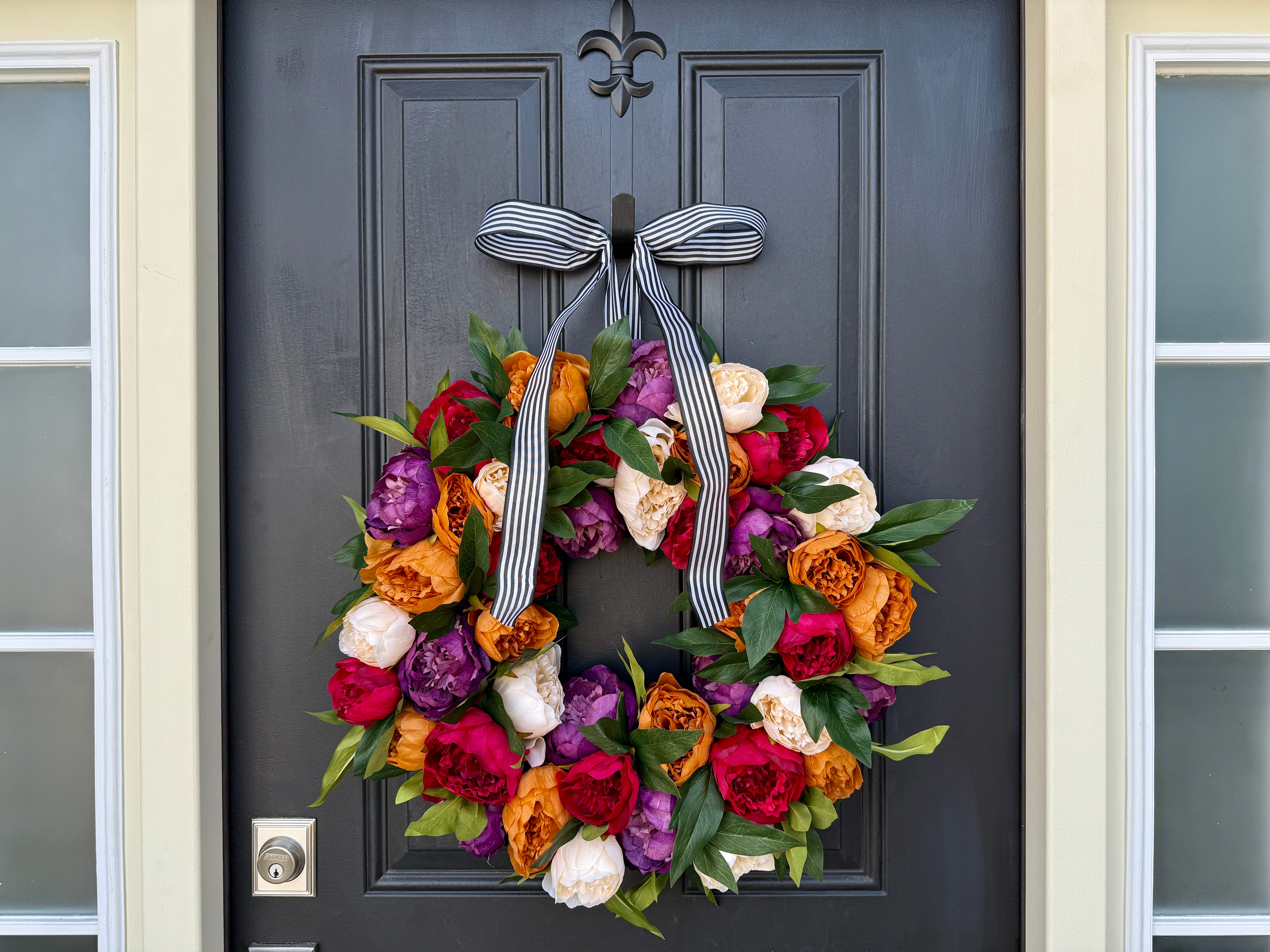 Colorful Peony Wreath with Jewel Tones and Stripe Ribbon