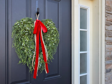 Natural Touch Pine and Juniper Heart Wreath with Red Velvet Bow