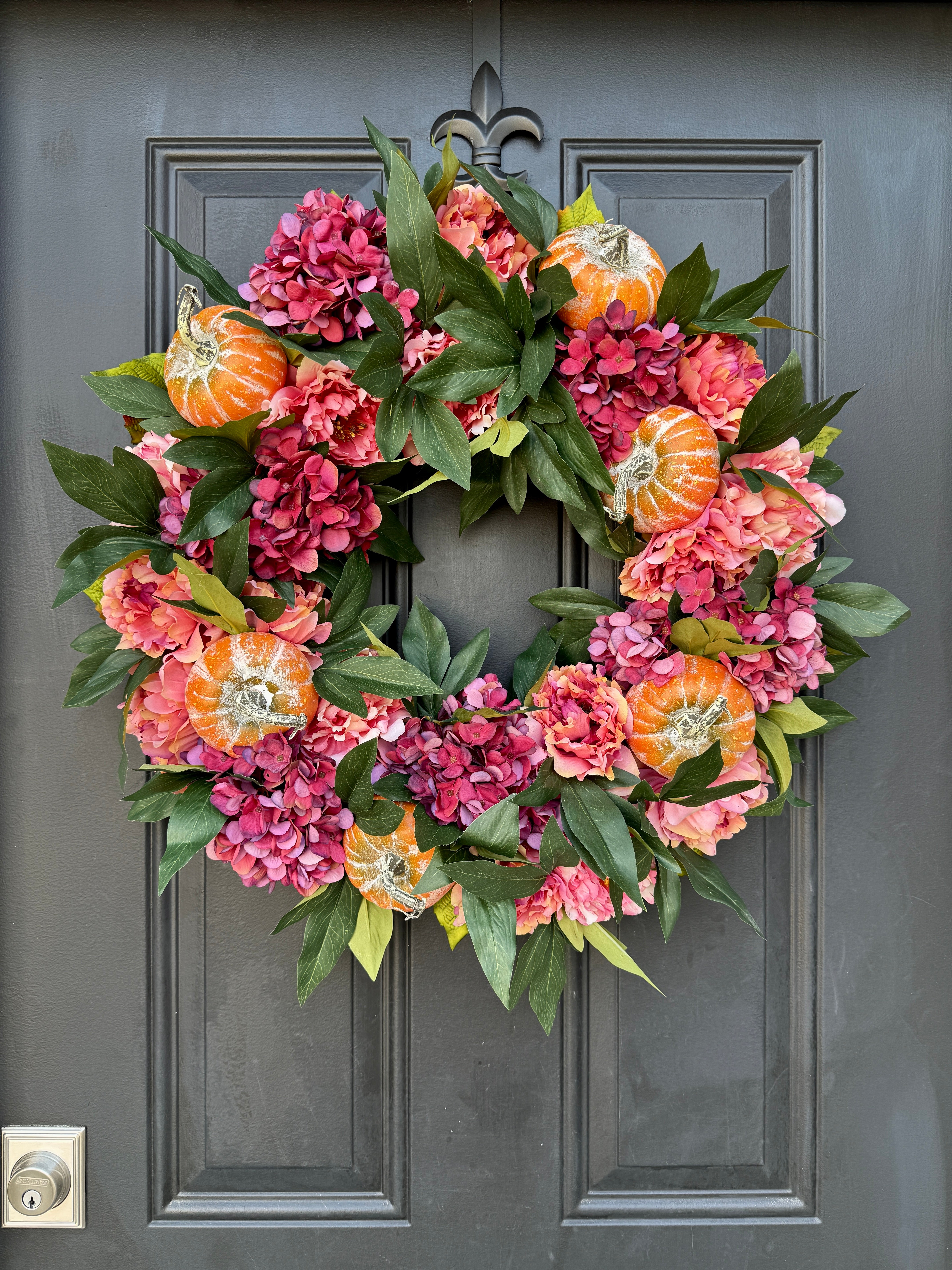 Fall Wreath with Pumpkins and Pink Hydrangeas and Peonies for Front Door