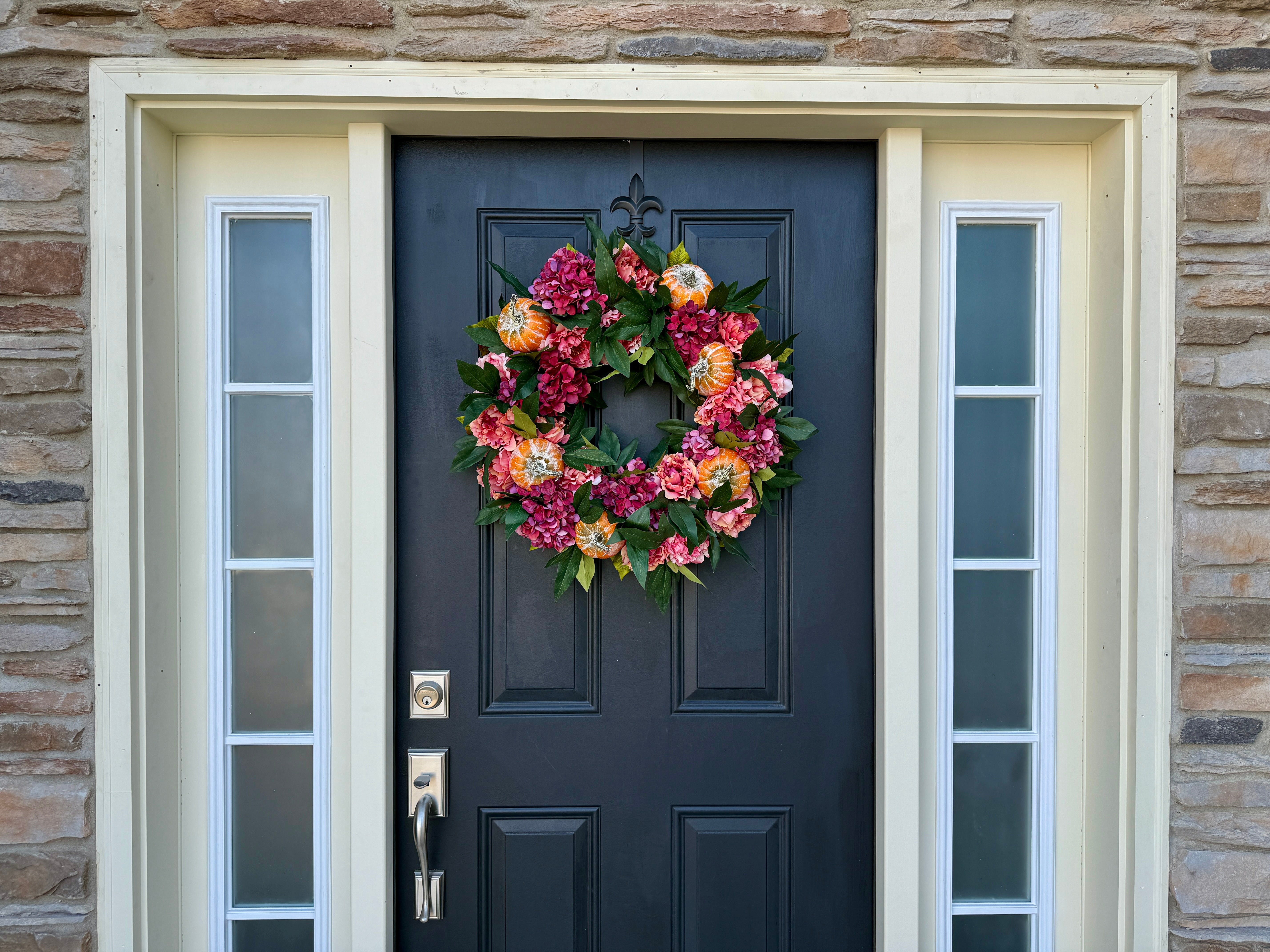 Fall Wreath with Pumpkins and Pink Hydrangeas and Peonies for Front Door