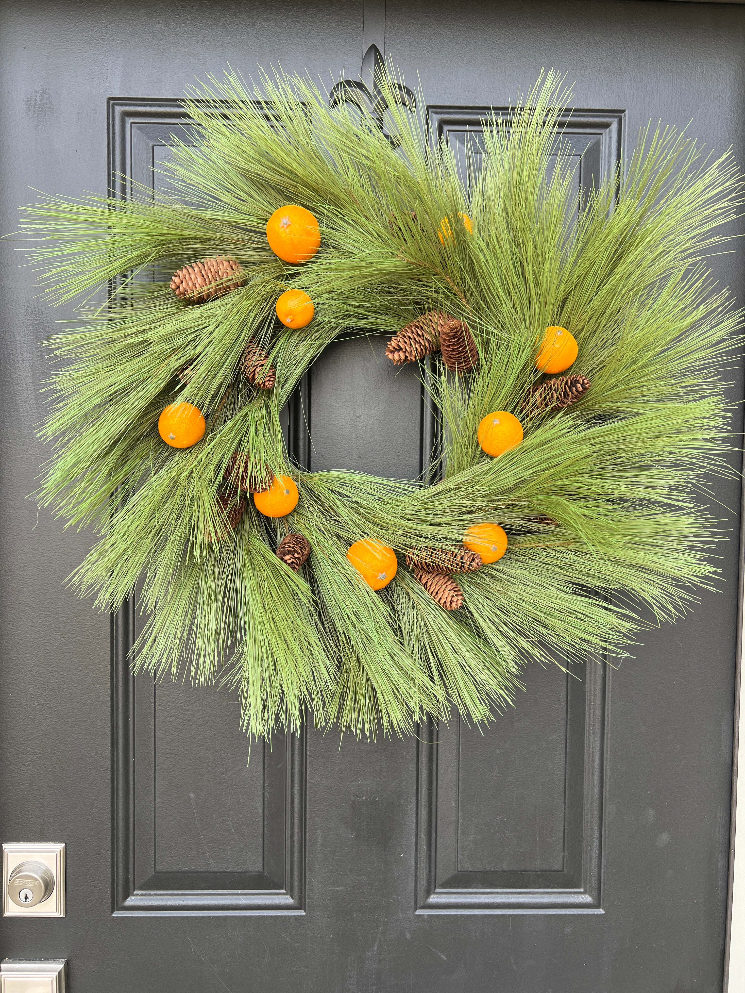 Rustic Long Needle Pine Wreath with Oranges and Pinecones
