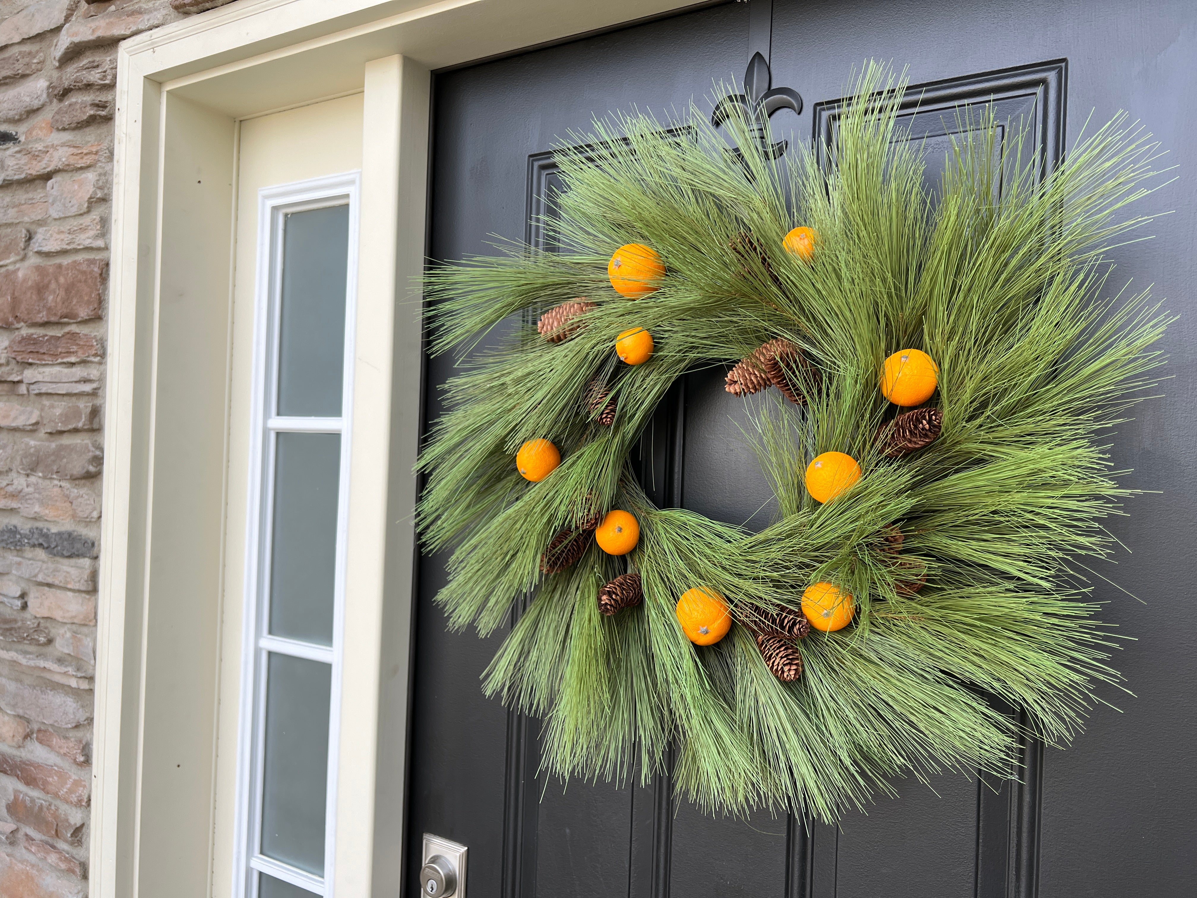 Rustic Long Needle Pine Wreath with Oranges and Pinecones