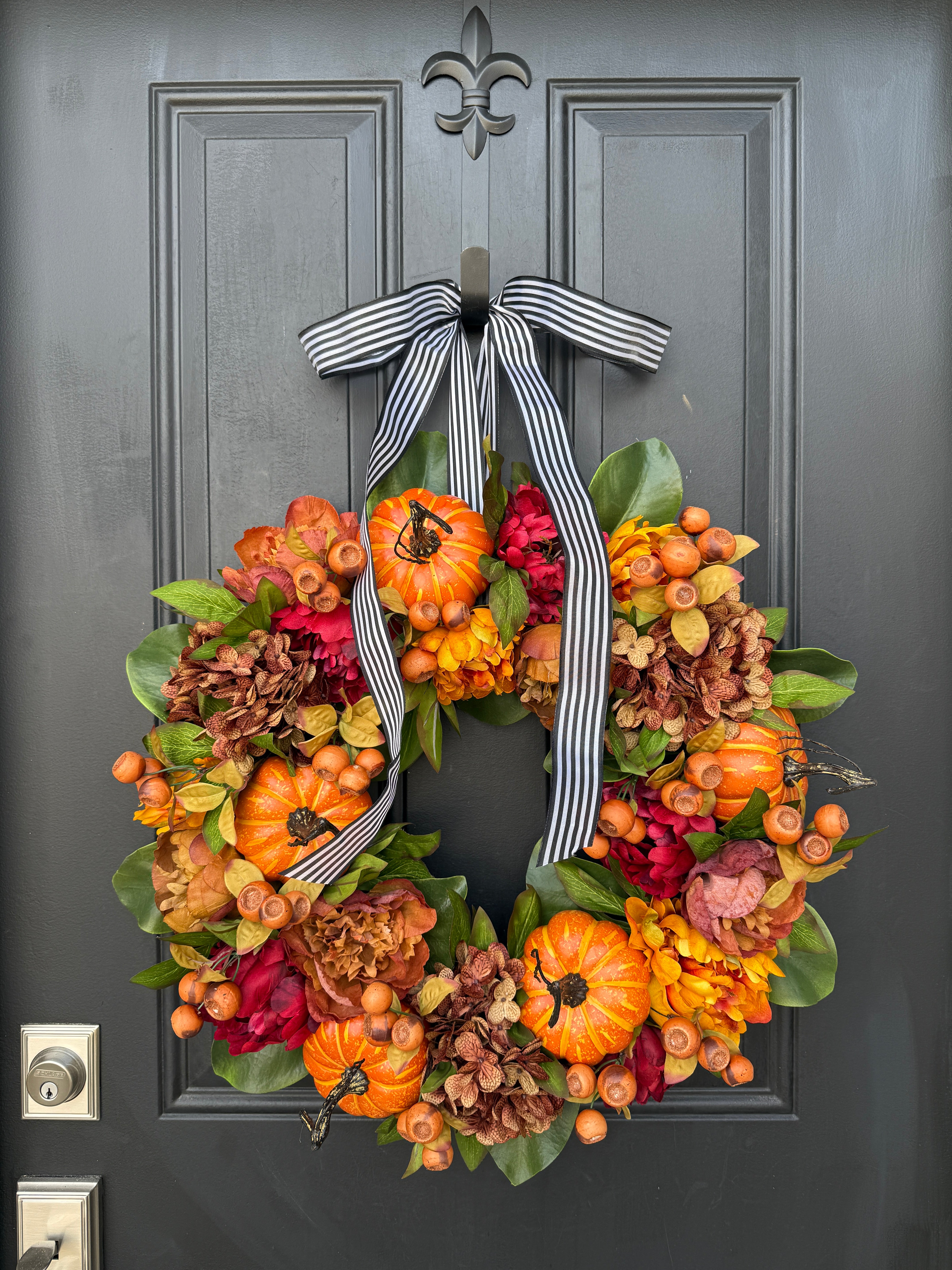 Fall Pumpkin Wreath with Hydrangeas and Farmhouse Stripe Ribbon