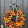 Fall Pumpkin Wreath with Hydrangeas and Farmhouse Stripe Ribbon - TwoInspireYou