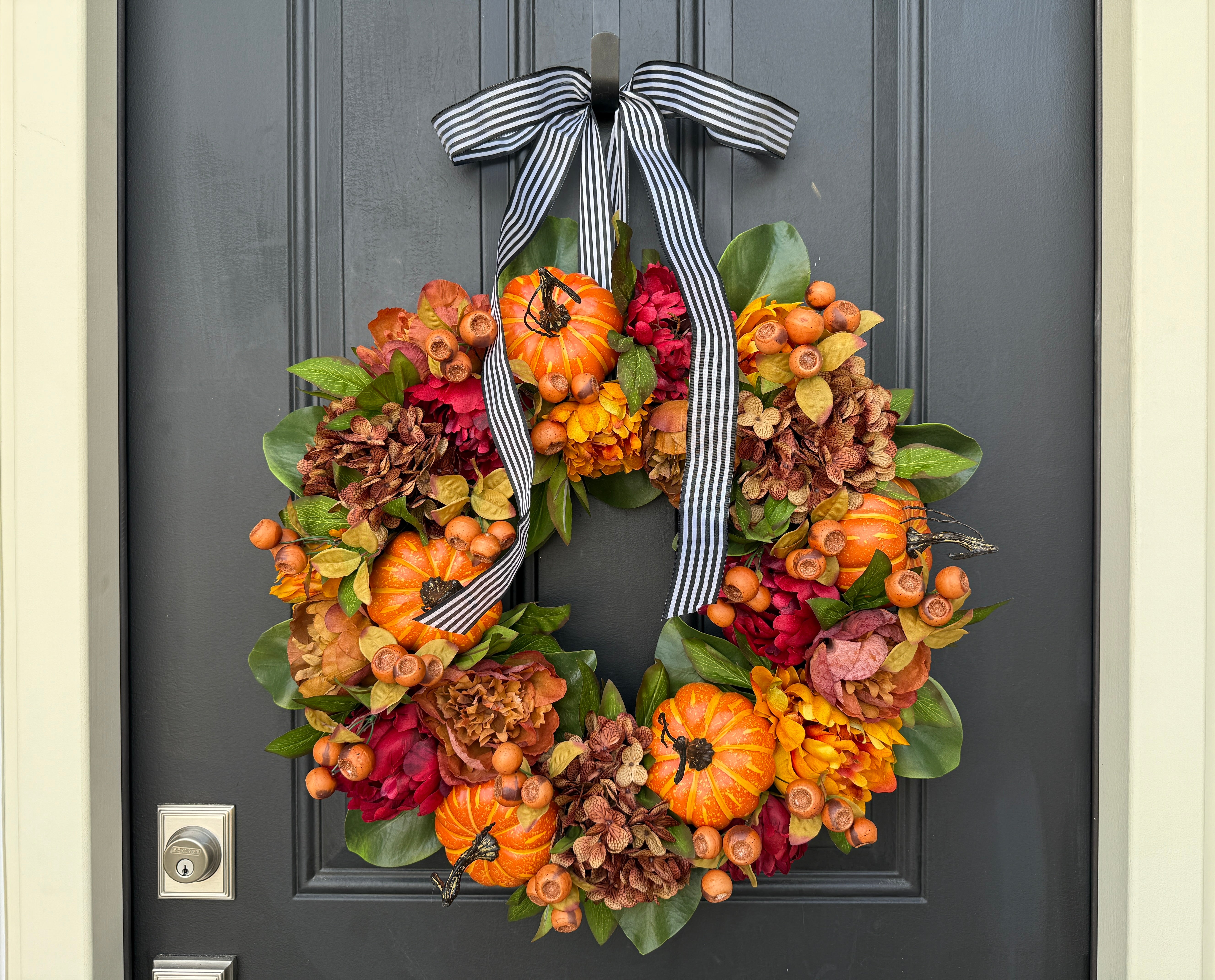 Fall Pumpkin Wreath with Hydrangeas and Farmhouse Stripe Ribbon