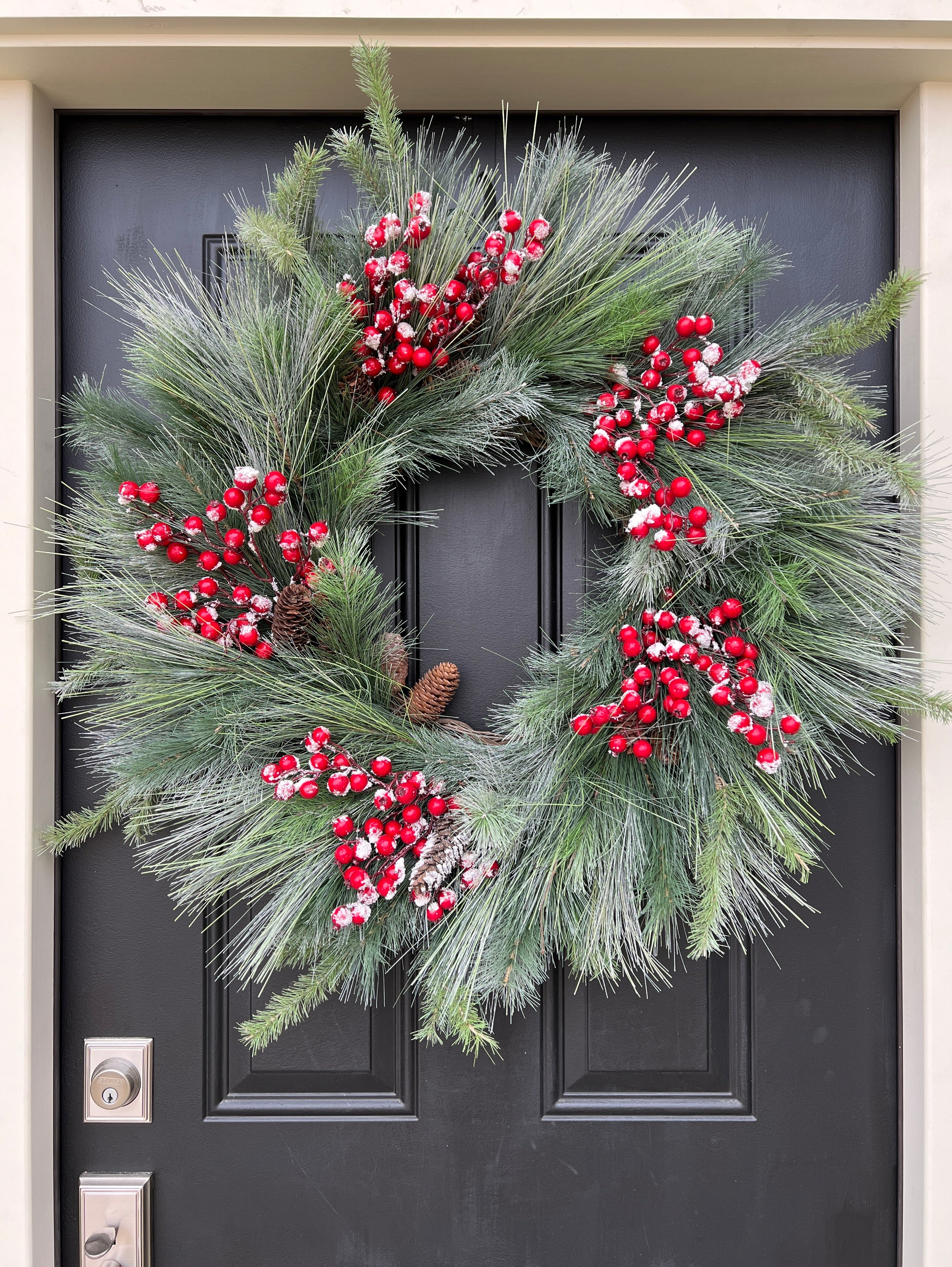 Frosted Winter Pine Wreath with Red Berries and Pinecones