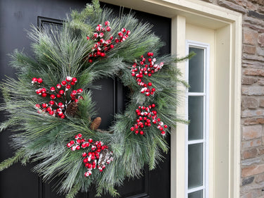Frosted Winter Pine Wreath with Red Berries and Pinecones | - TwoInspireYou