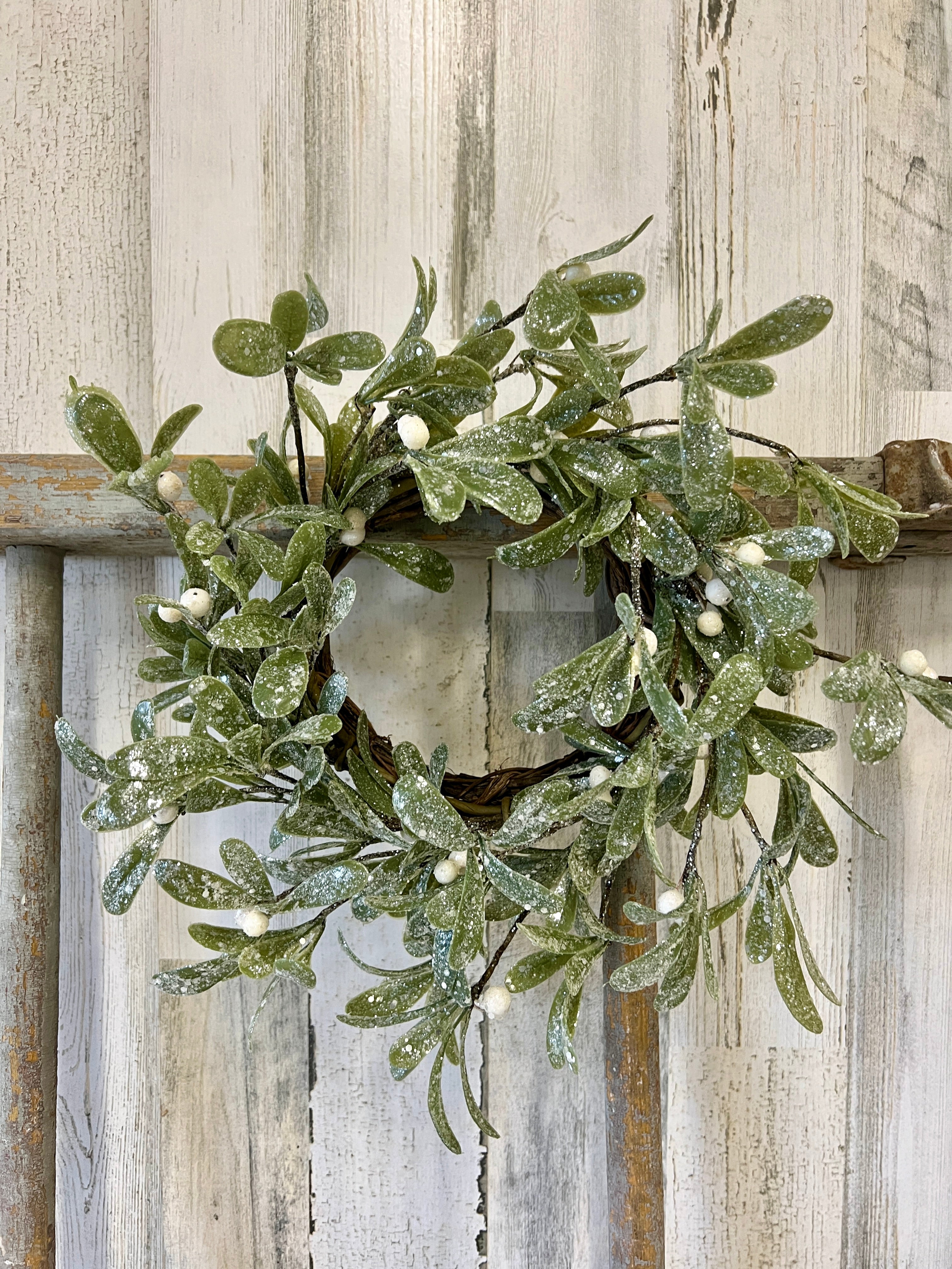 Frosted Mistletoe Window Wreath – Handmade Christmas Greenery Accent |