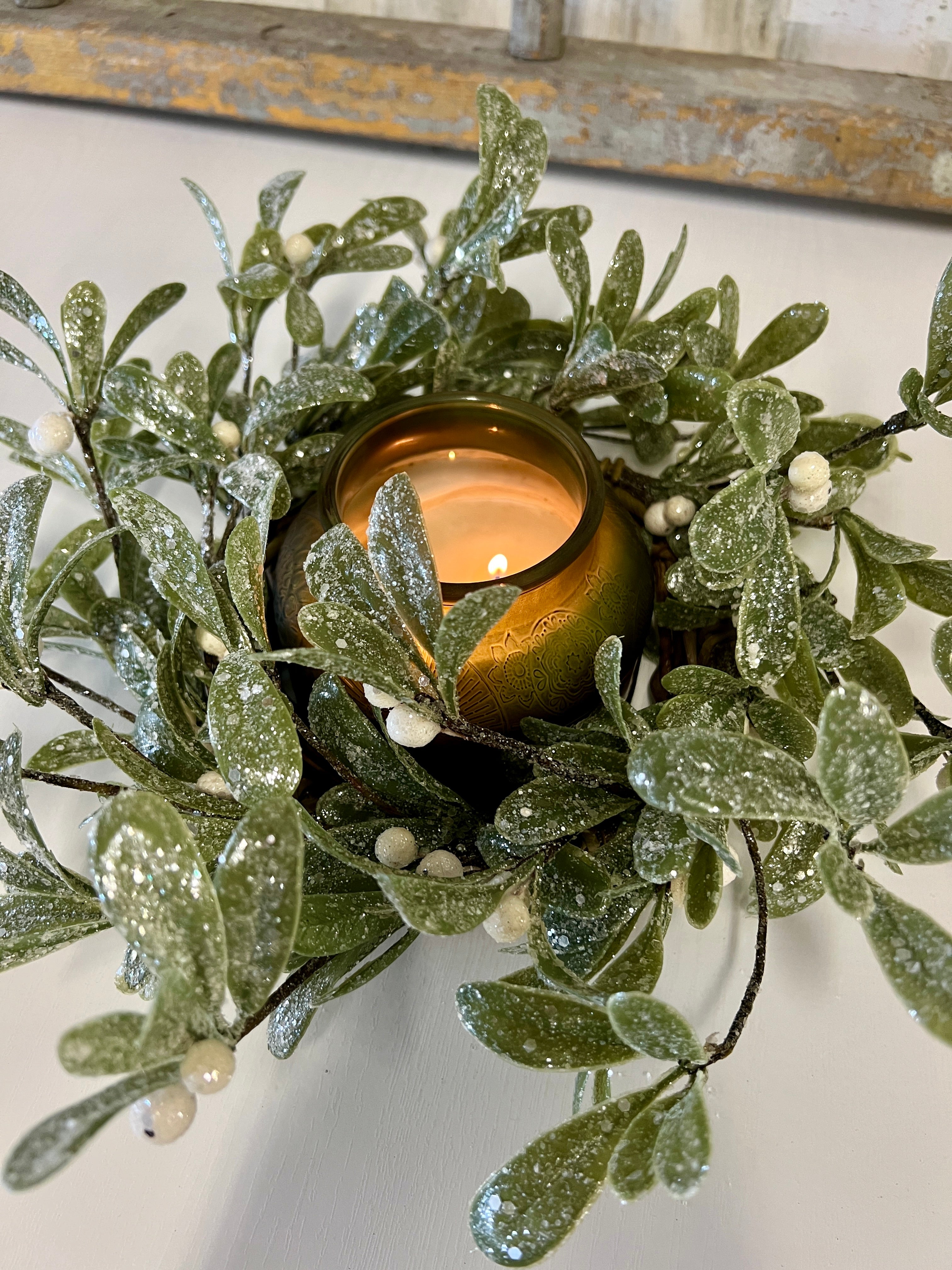 Frosted Mistletoe Window Wreath – Handmade Christmas Greenery Accent |