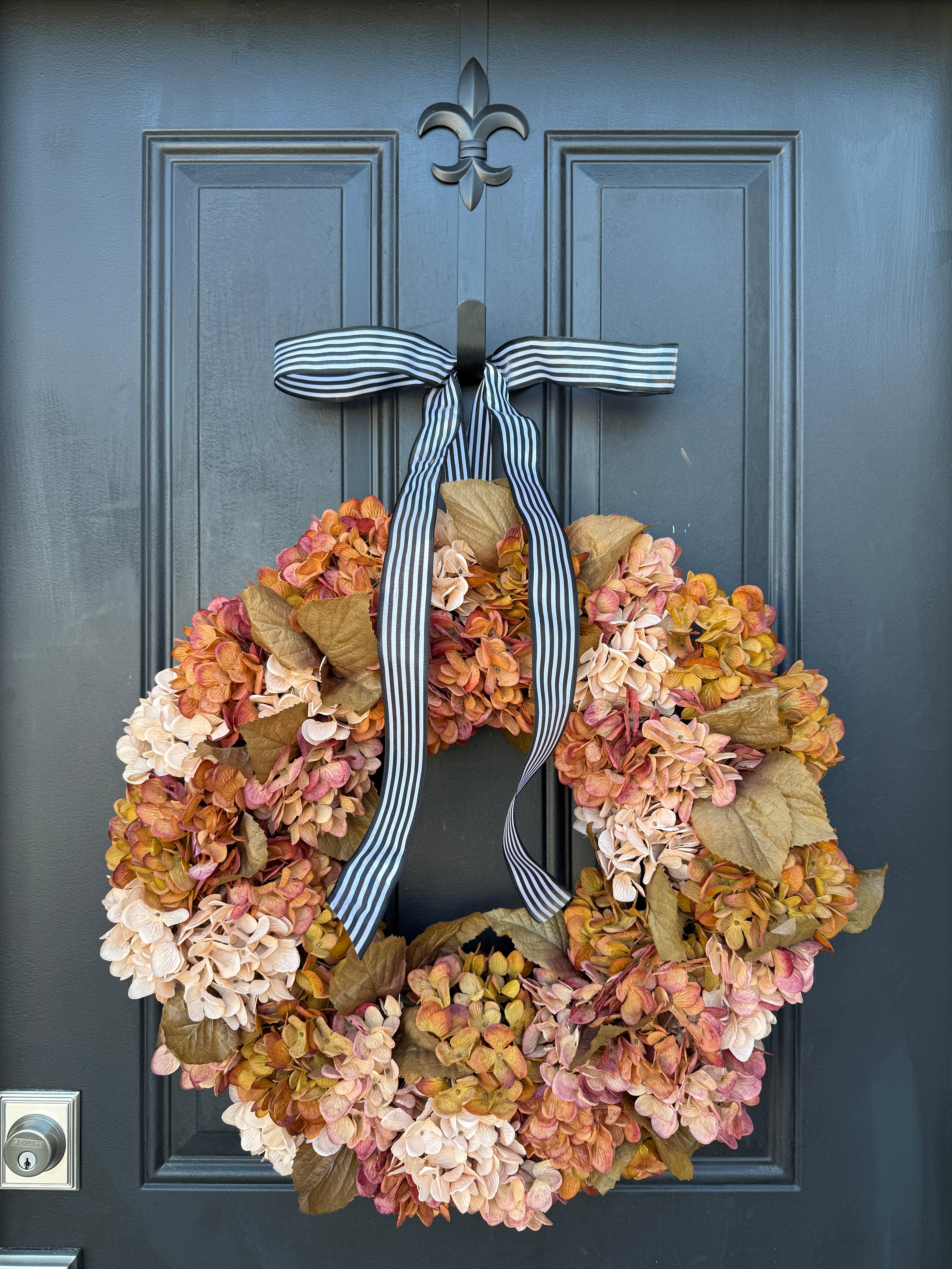 Fall Hydrangea Wreath with Autumn Hues and Black Stripe Ribbon