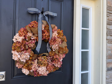 Fall Hydrangea Wreath with Autumn Hues and Black Stripe Ribbon - TwoInspireYou