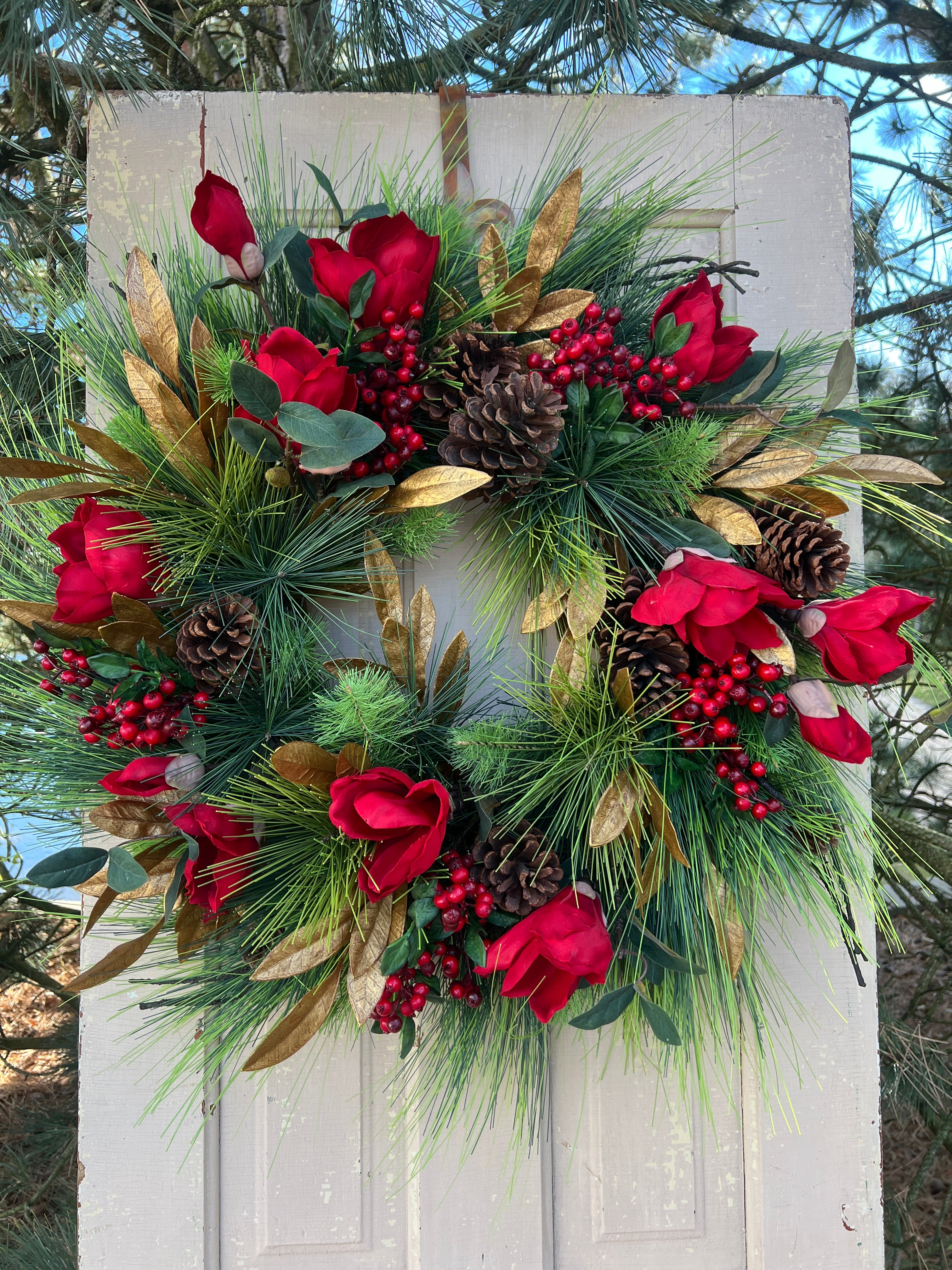 Red Magnolia Wreath with Gold Bay Leaf